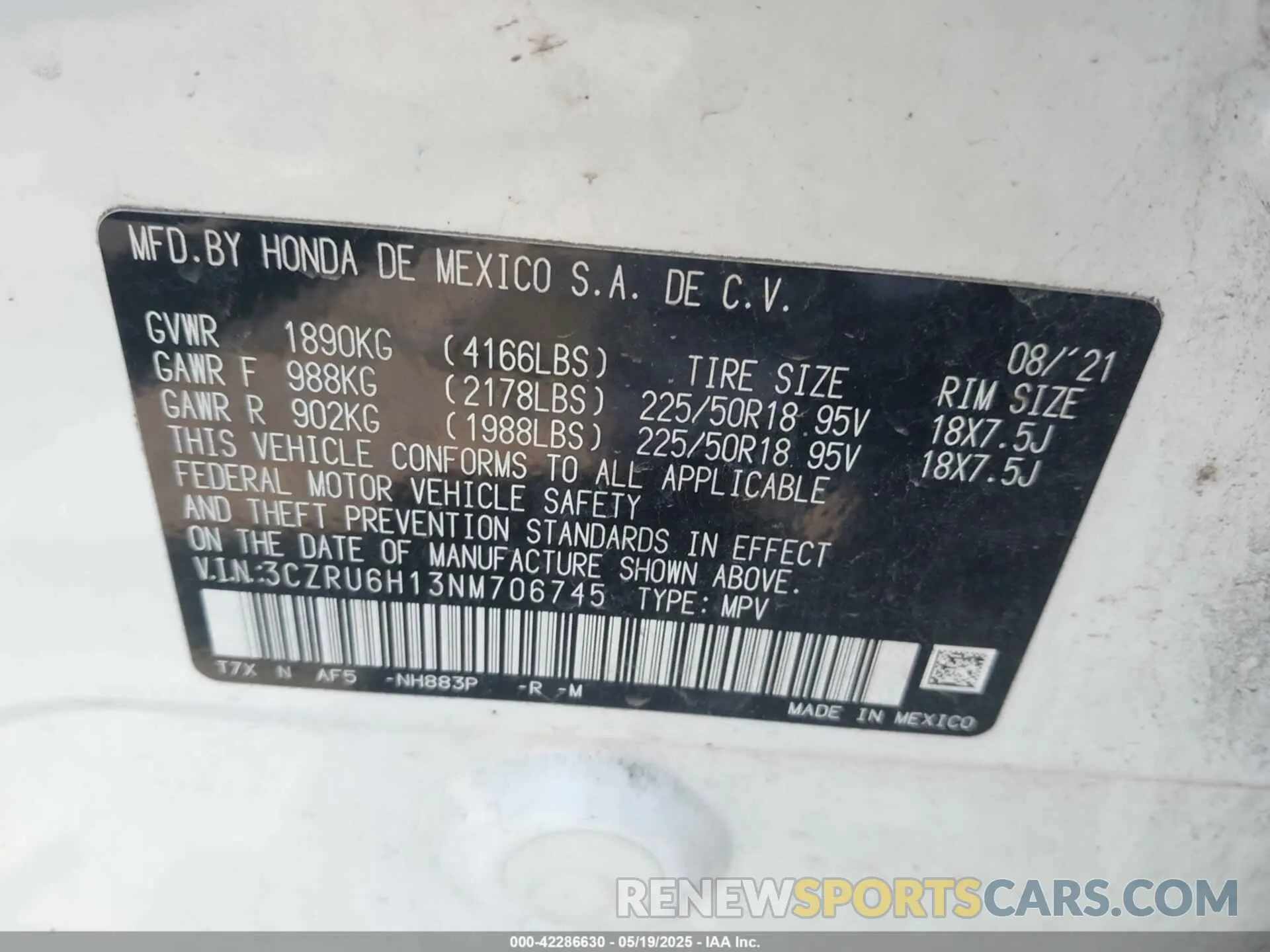 9 Фотография поврежденного автомобиля 3CZRU6H13NM706745 HONDA HR-V 2022