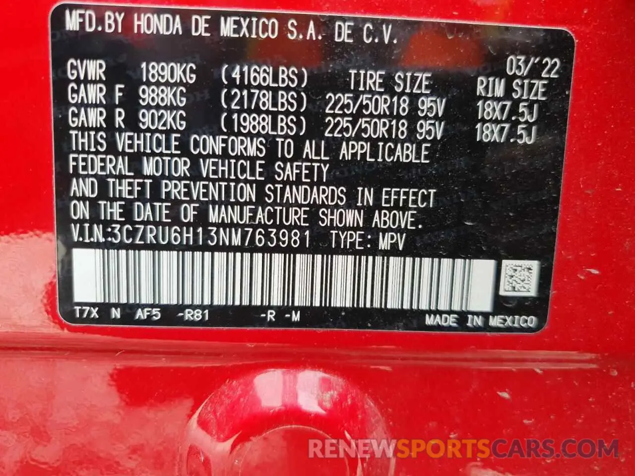 13 Photograph of a damaged car 3CZRU6H13NM763981 HONDA HR-V 2022