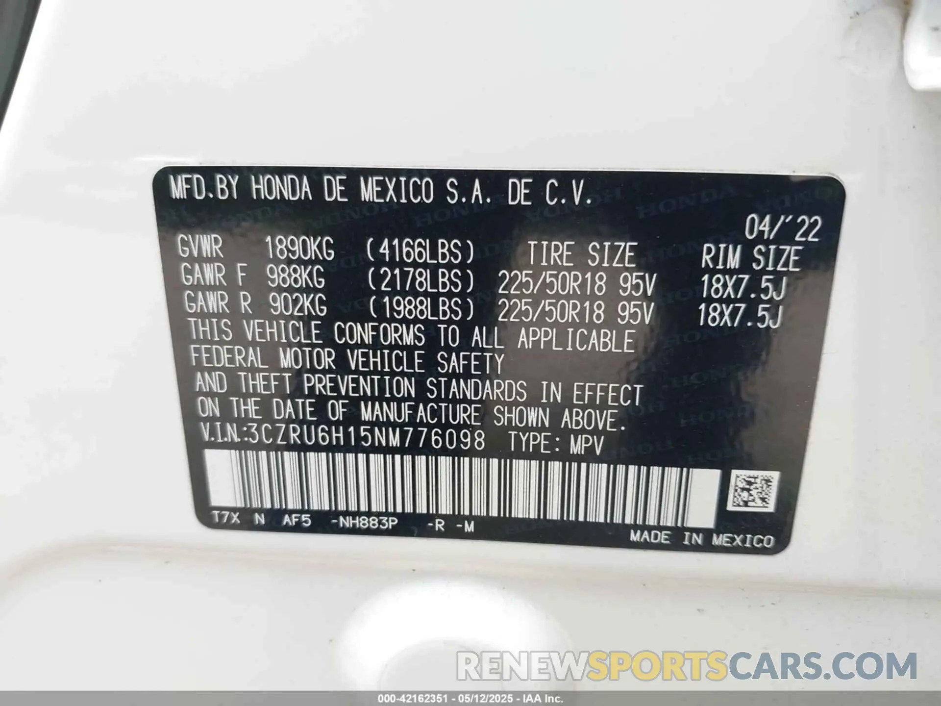 9 Photograph of a damaged car 3CZRU6H15NM776098 HONDA HR-V 2022