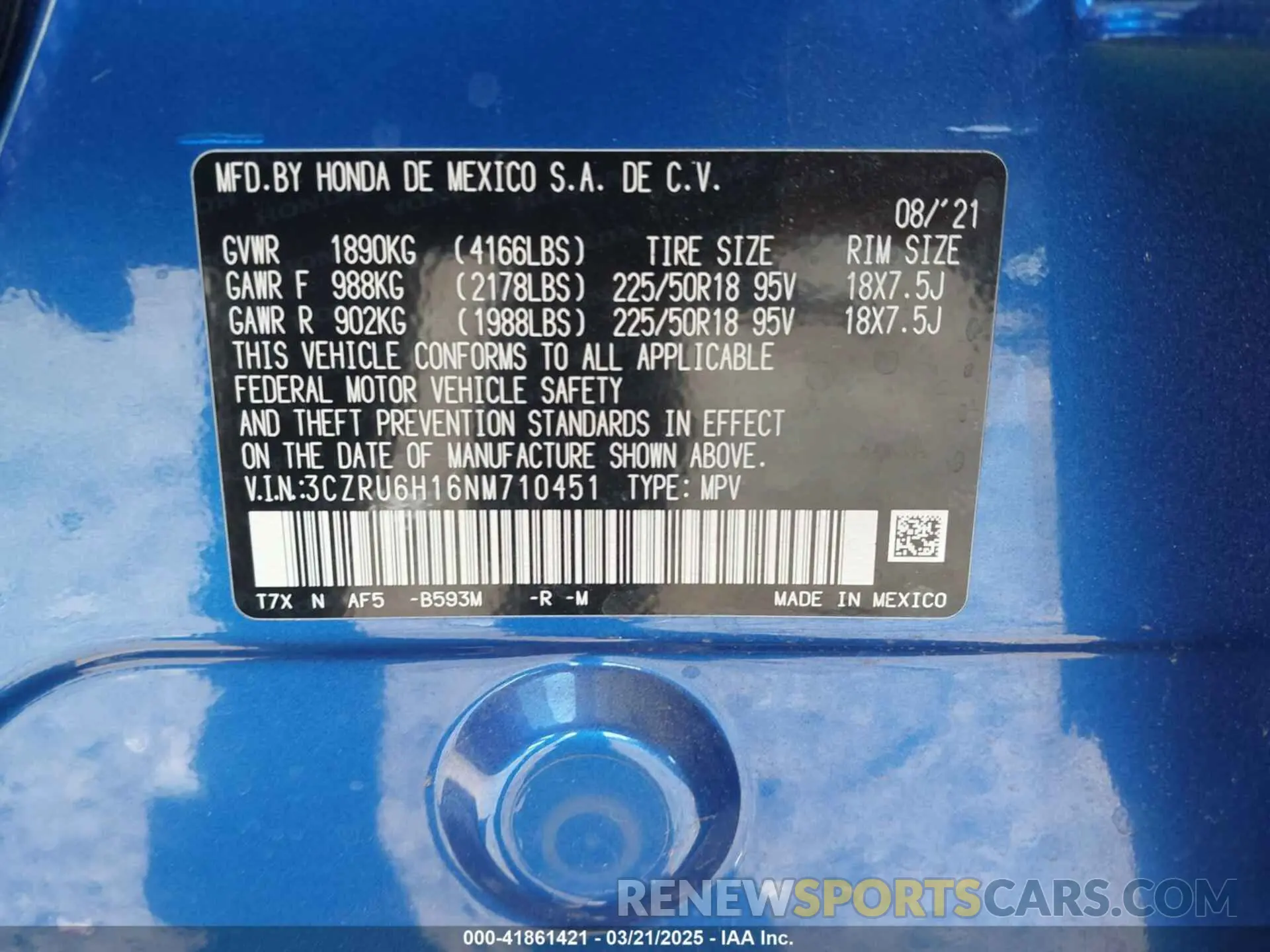 9 Фотография поврежденного автомобиля 3CZRU6H16NM710451 HONDA HR-V 2022
