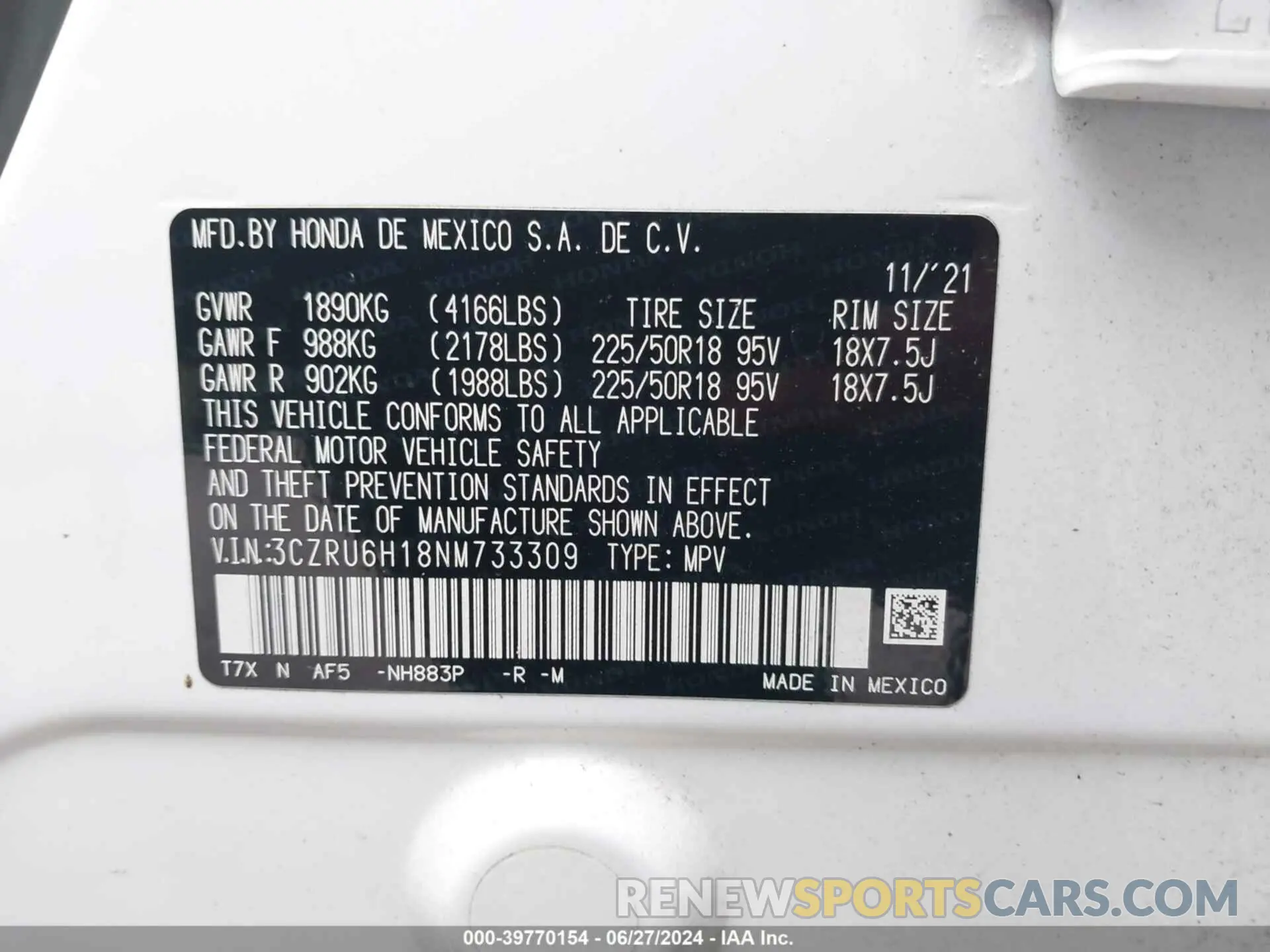 9 Photograph of a damaged car 3CZRU6H18NM733309 HONDA HR-V 2022