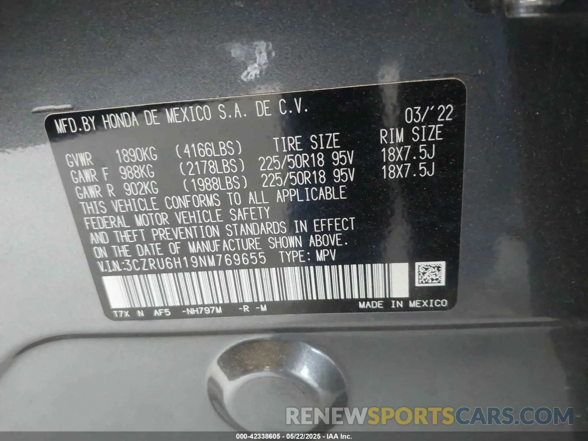 9 Фотография поврежденного автомобиля 3CZRU6H19NM769655 HONDA HR-V 2022