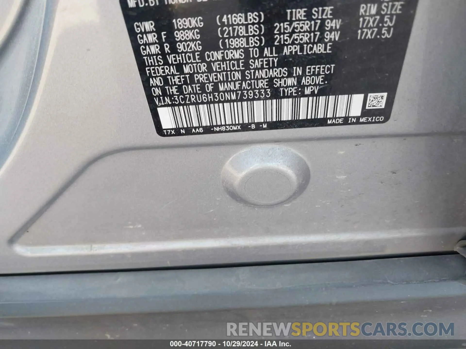 9 Photograph of a damaged car 3CZRU6H30NM739333 HONDA HR-V 2022