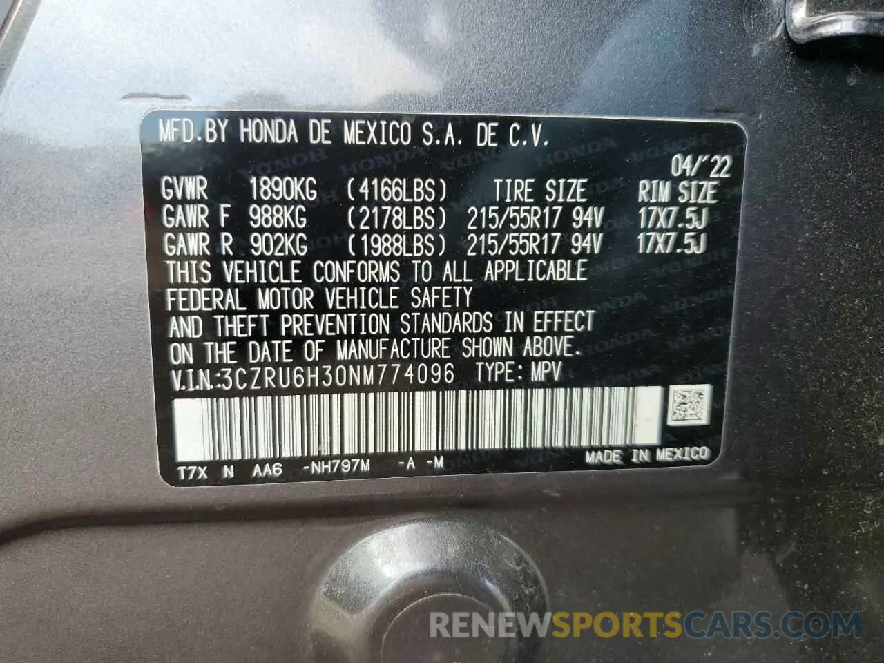 12 Фотография поврежденного автомобиля 3CZRU6H30NM774096 HONDA HR-V 2022