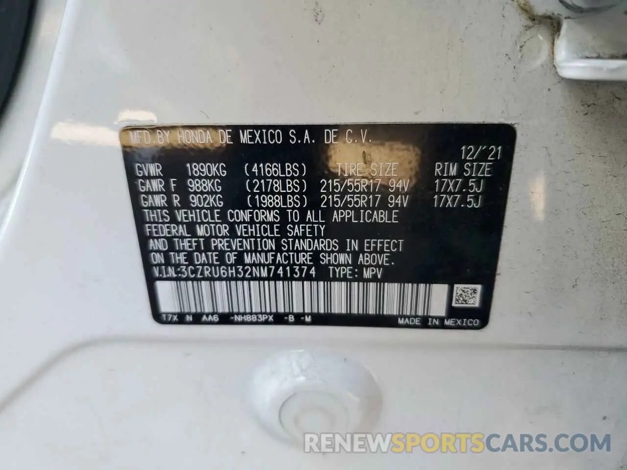 13 Фотография поврежденного автомобиля 3CZRU6H32NM741374 HONDA HR-V 2022