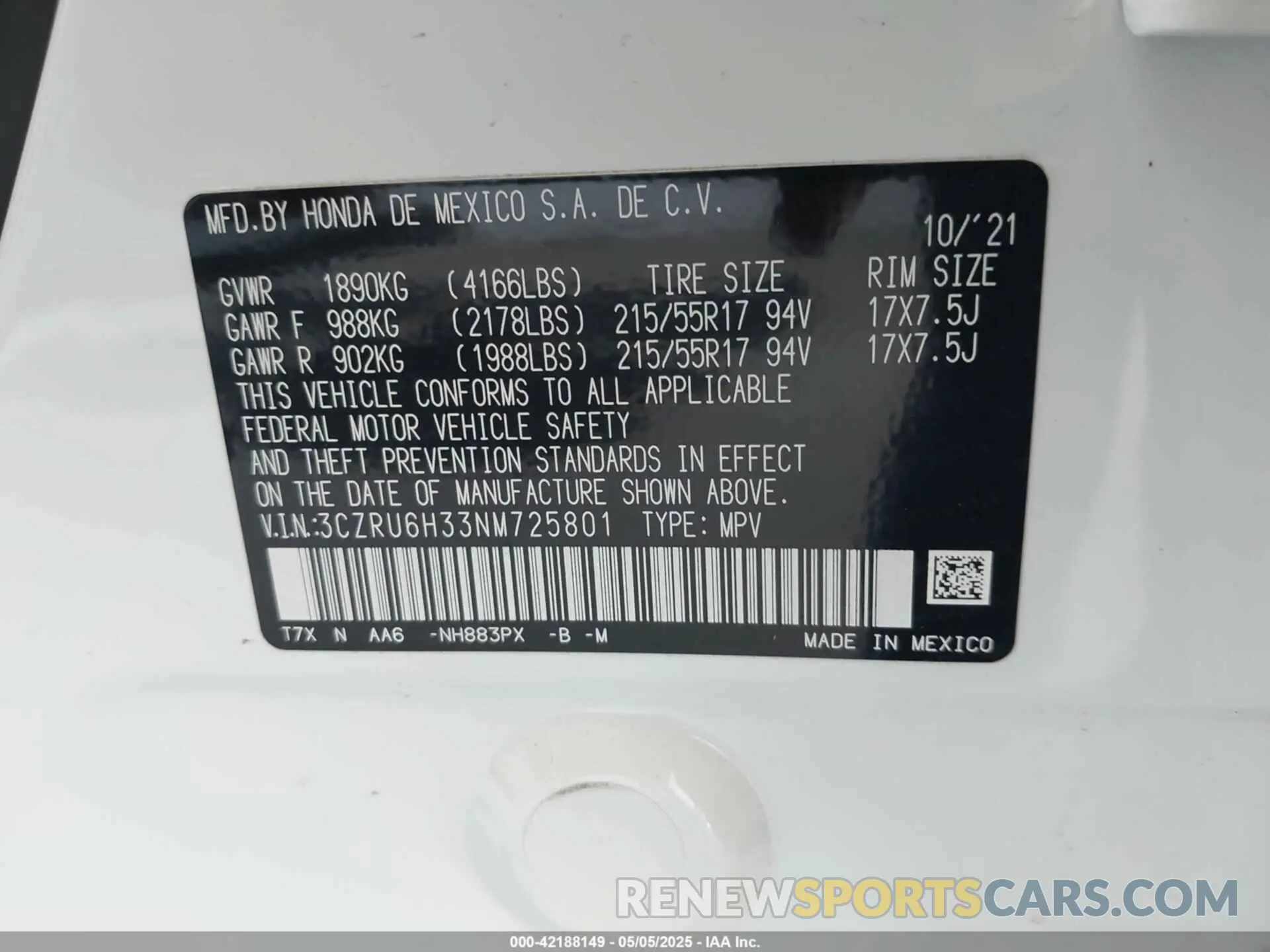 9 Фотография поврежденного автомобиля 3CZRU6H33NM725801 HONDA HR-V 2022
