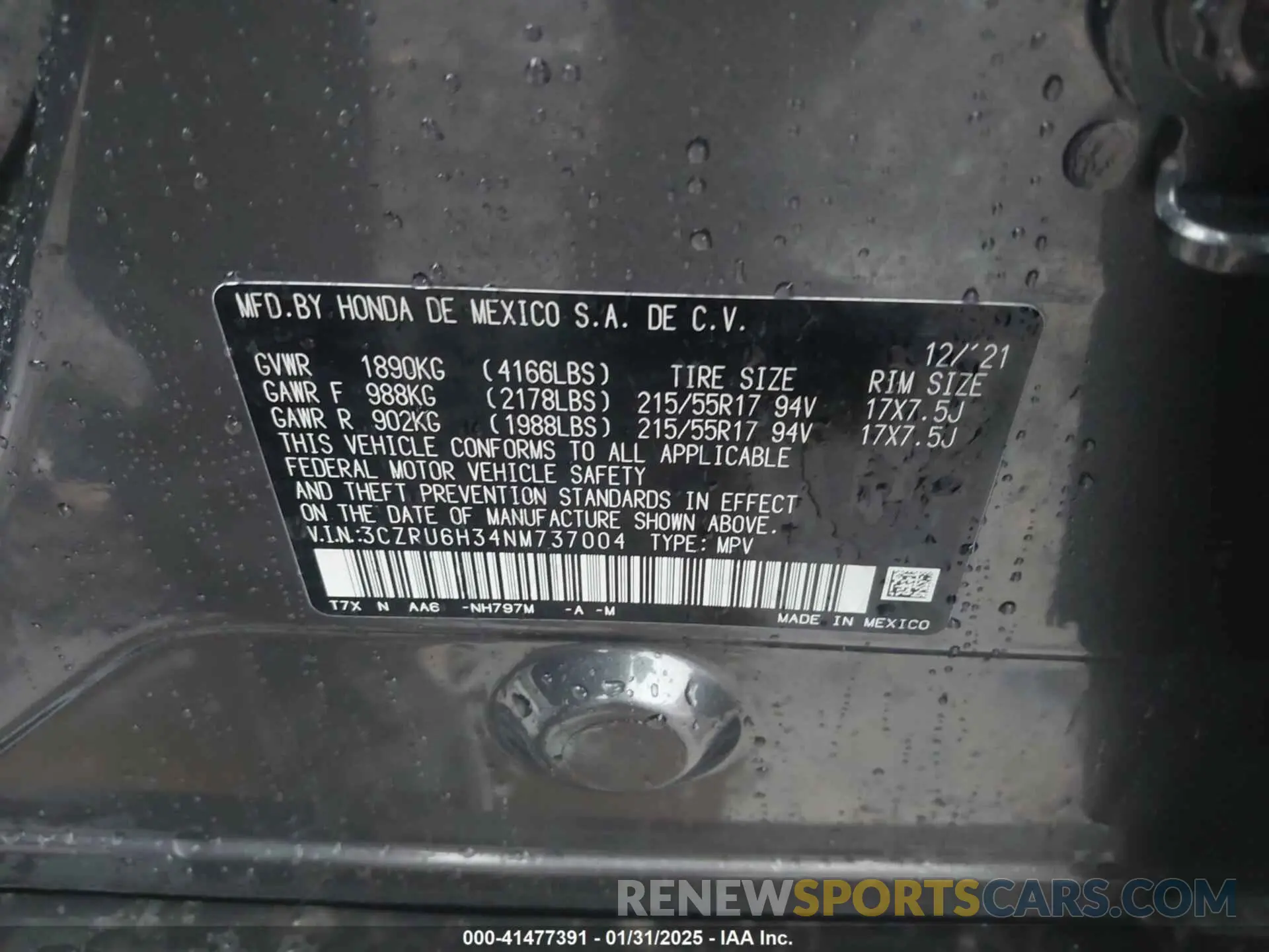 9 Photograph of a damaged car 3CZRU6H34NM737004 HONDA HR-V 2022