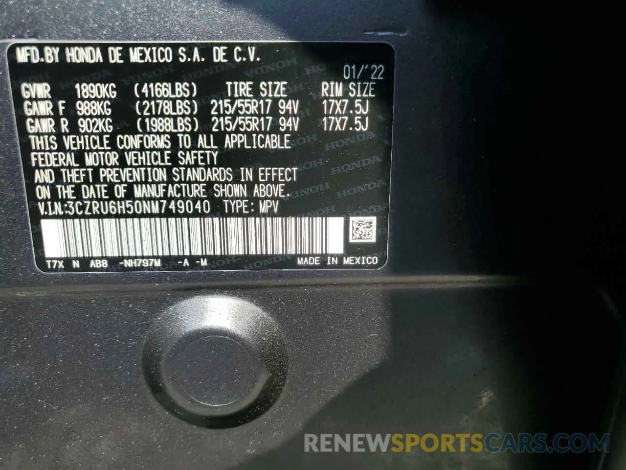 13 Фотография поврежденного автомобиля 3CZRU6H50NM749040 HONDA HR-V 2022