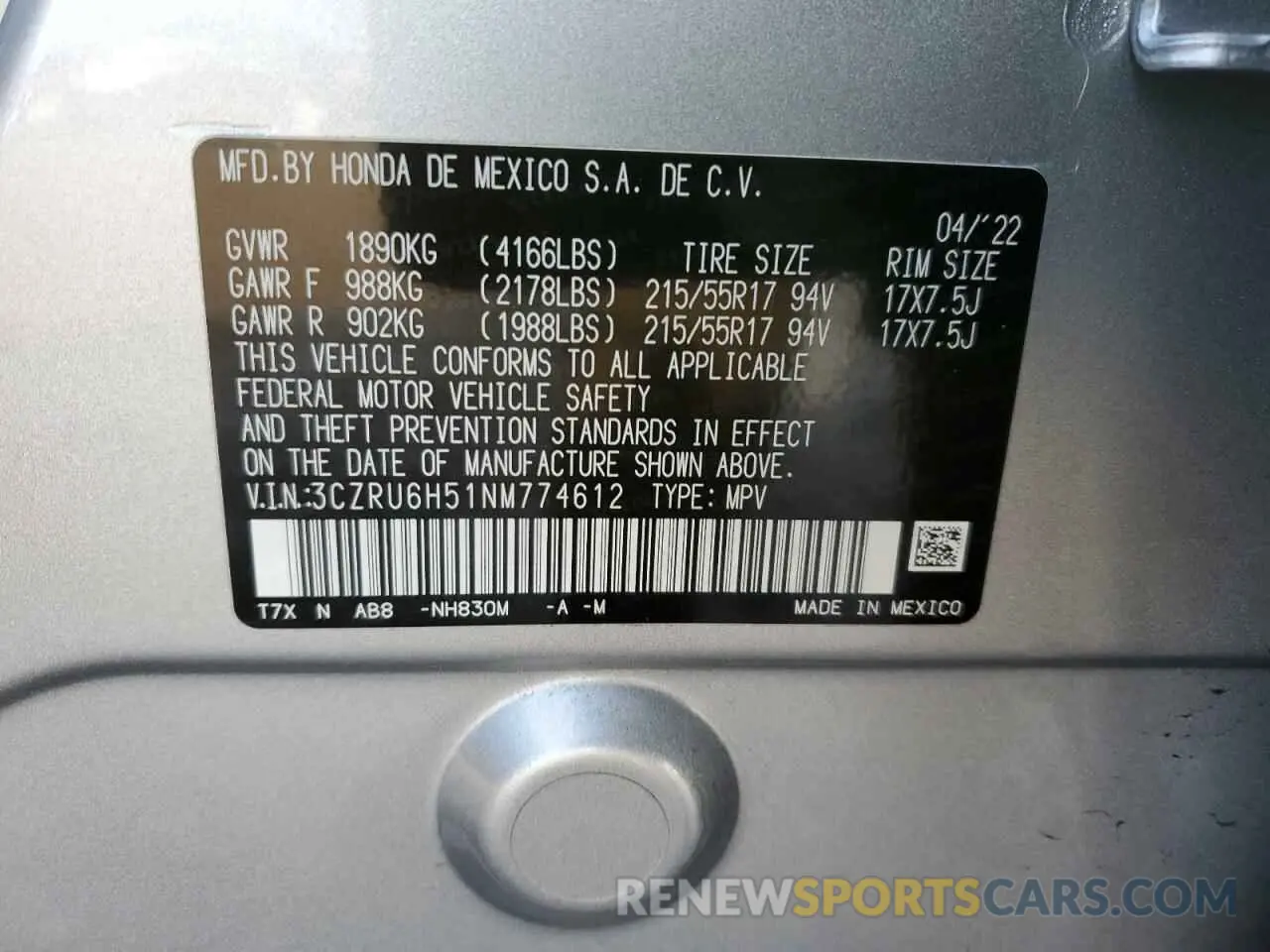 13 Фотография поврежденного автомобиля 3CZRU6H51NM774612 HONDA HR-V 2022
