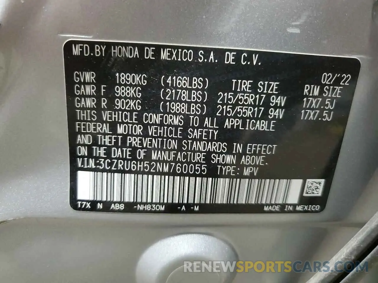 12 Фотография поврежденного автомобиля 3CZRU6H52NM760055 HONDA HR-V 2022