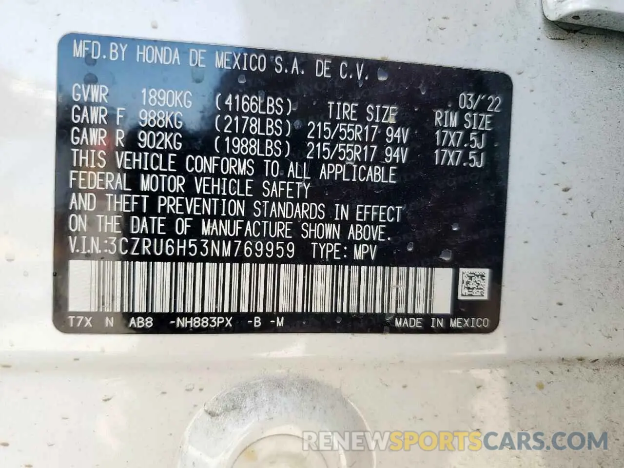 14 Photograph of a damaged car 3CZRU6H53NM769959 HONDA HR-V 2022
