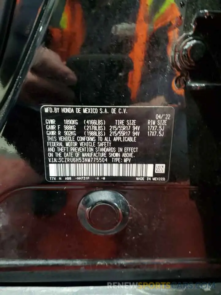 12 Фотография поврежденного автомобиля 3CZRU6H53NM775504 HONDA HR-V 2022