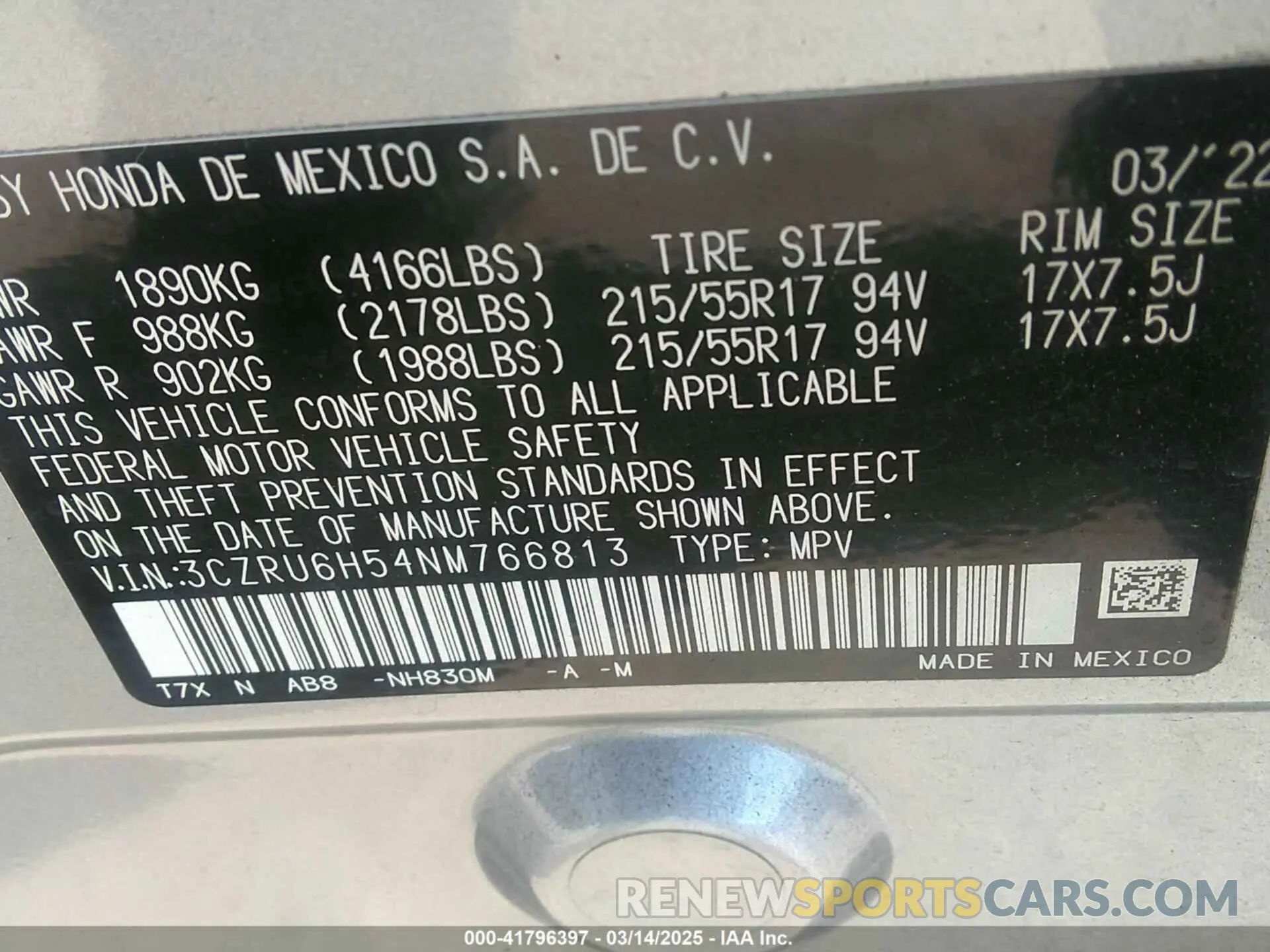 9 Фотография поврежденного автомобиля 3CZRU6H54NM766813 HONDA HR-V 2022
