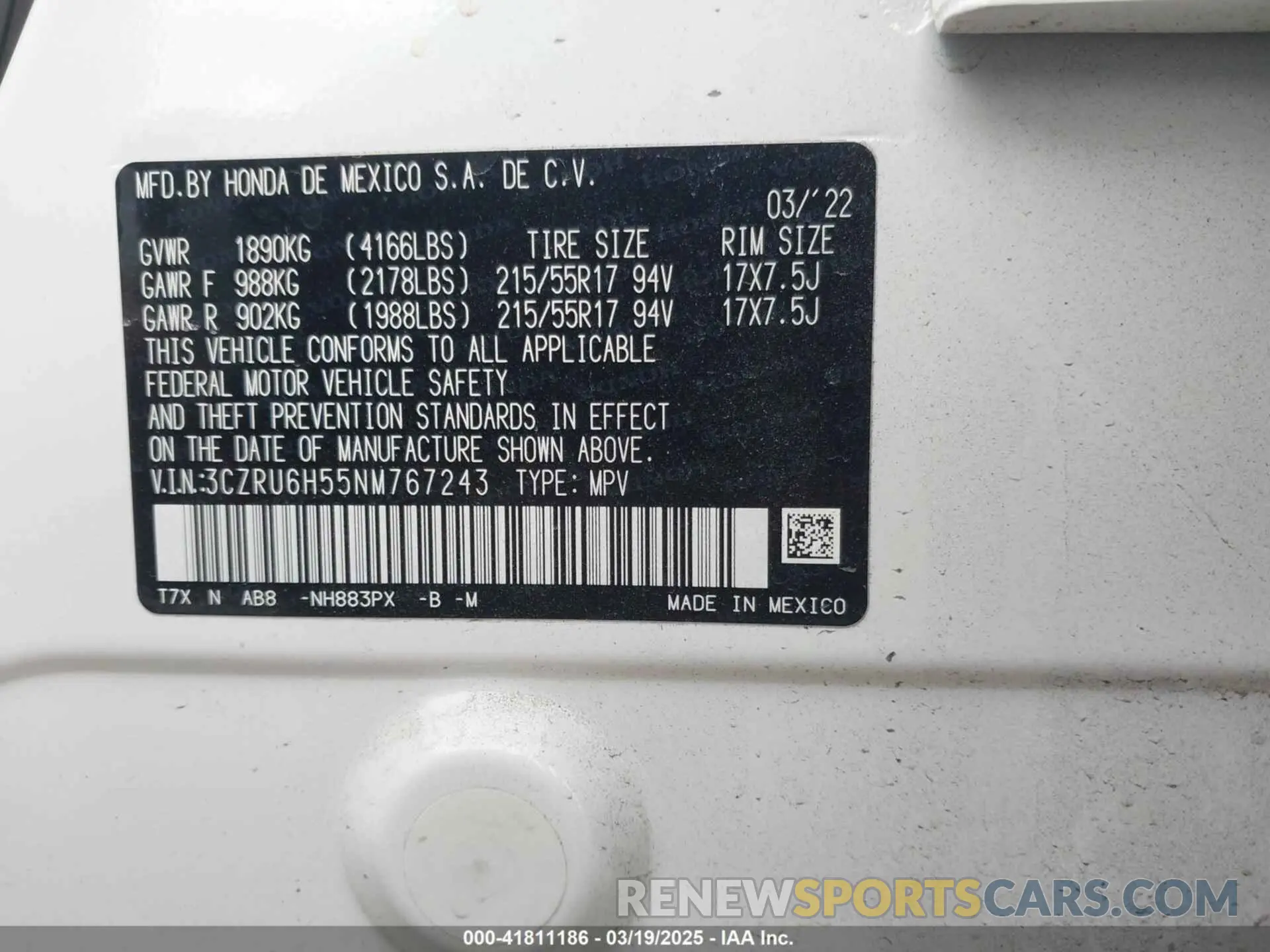 9 Фотография поврежденного автомобиля 3CZRU6H55NM767243 HONDA HR-V 2022