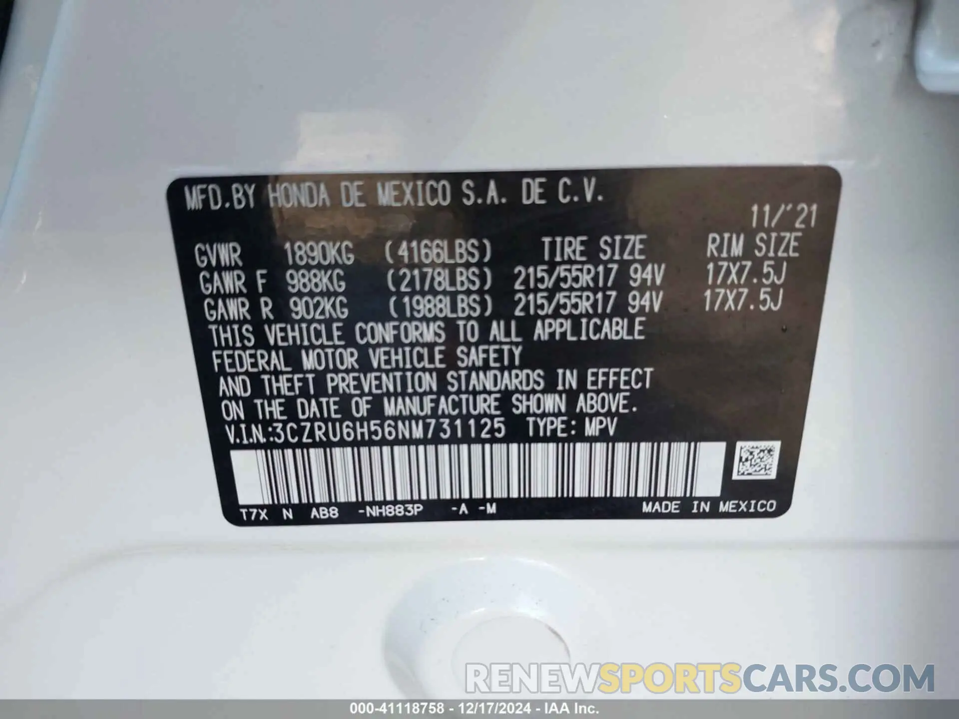 9 Фотография поврежденного автомобиля 3CZRU6H56NM731125 HONDA HR-V 2022