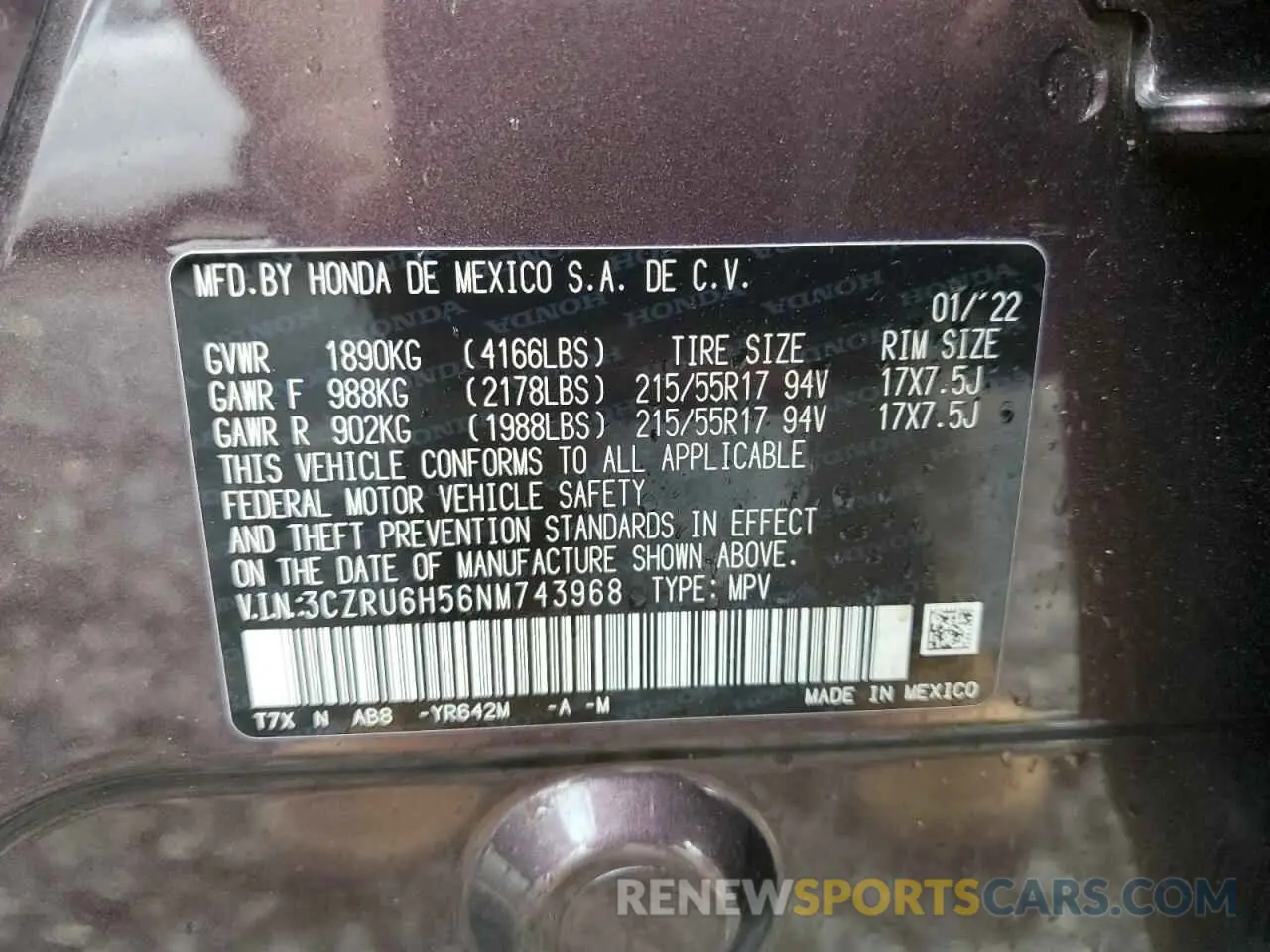 14 Photograph of a damaged car 3CZRU6H56NM743968 HONDA HR-V 2022