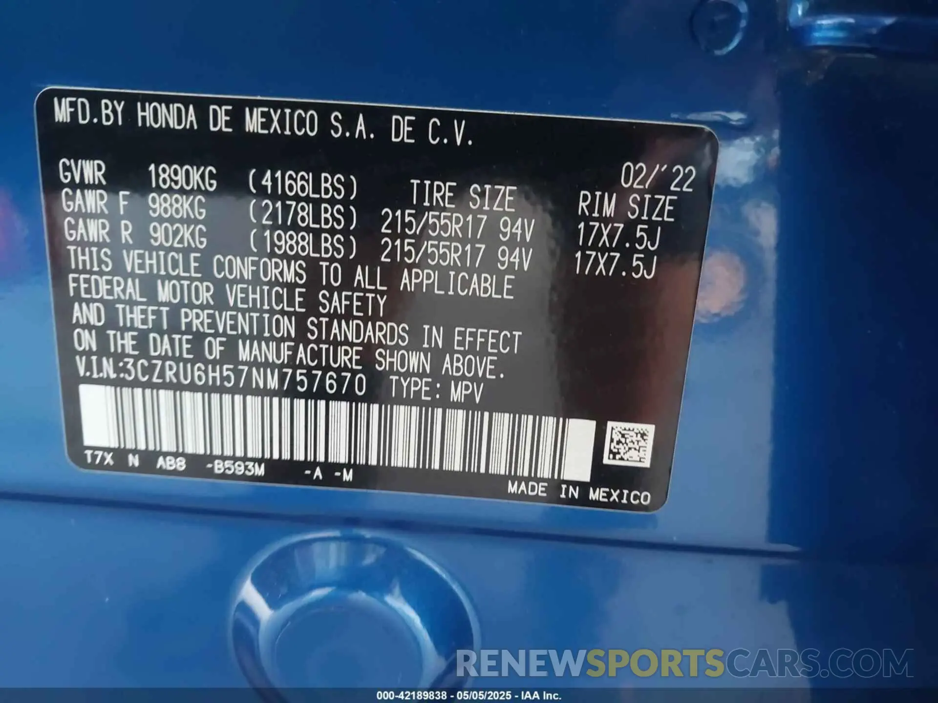 9 Фотография поврежденного автомобиля 3CZRU6H57NM757670 HONDA HR-V 2022