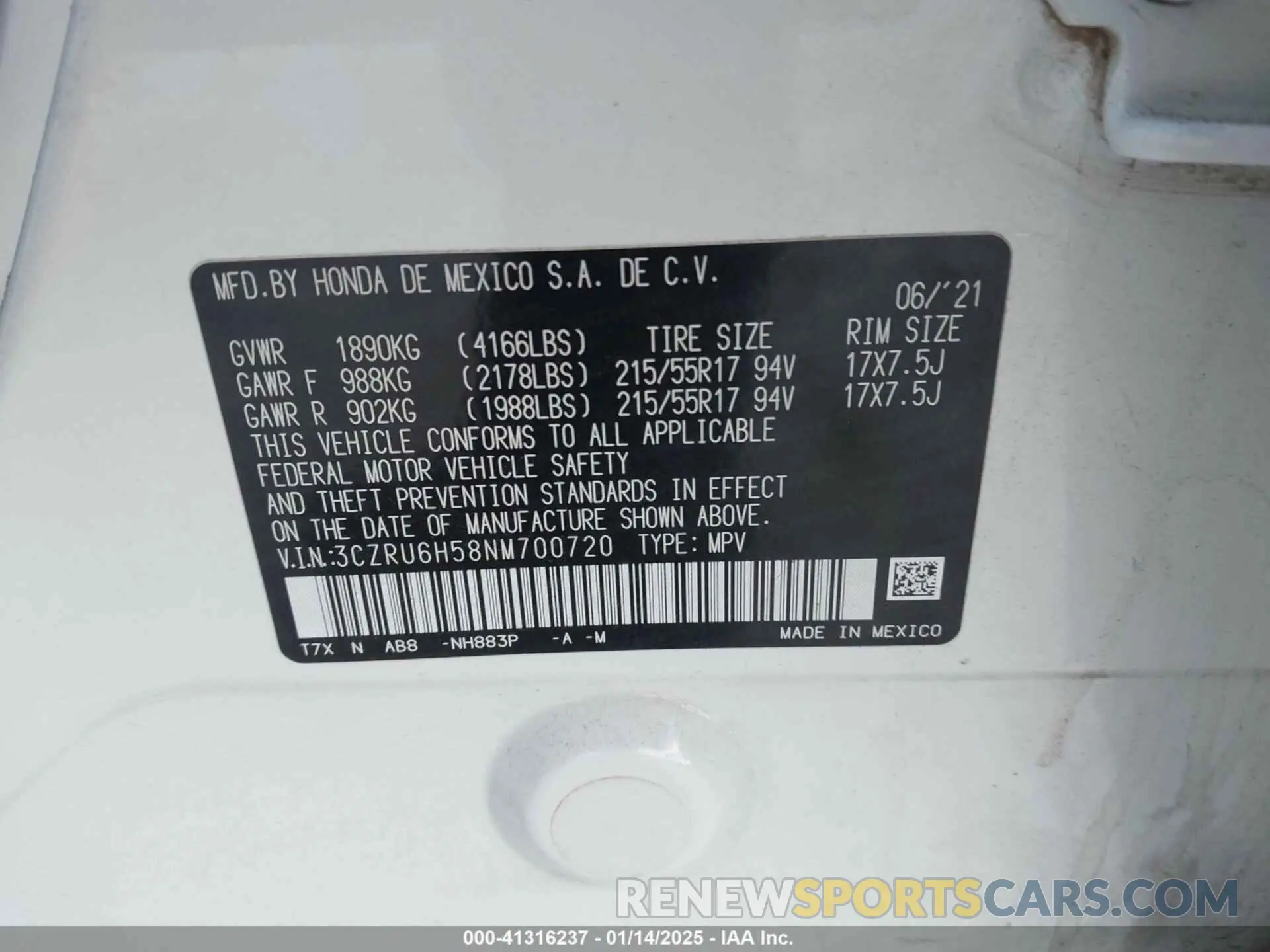 9 Фотография поврежденного автомобиля 3CZRU6H58NM700720 HONDA HR-V 2022