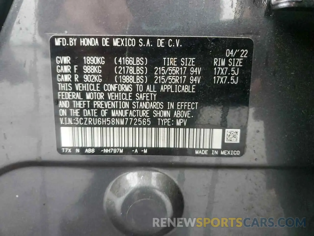 13 Photograph of a damaged car 3CZRU6H58NM772565 HONDA HR-V 2022