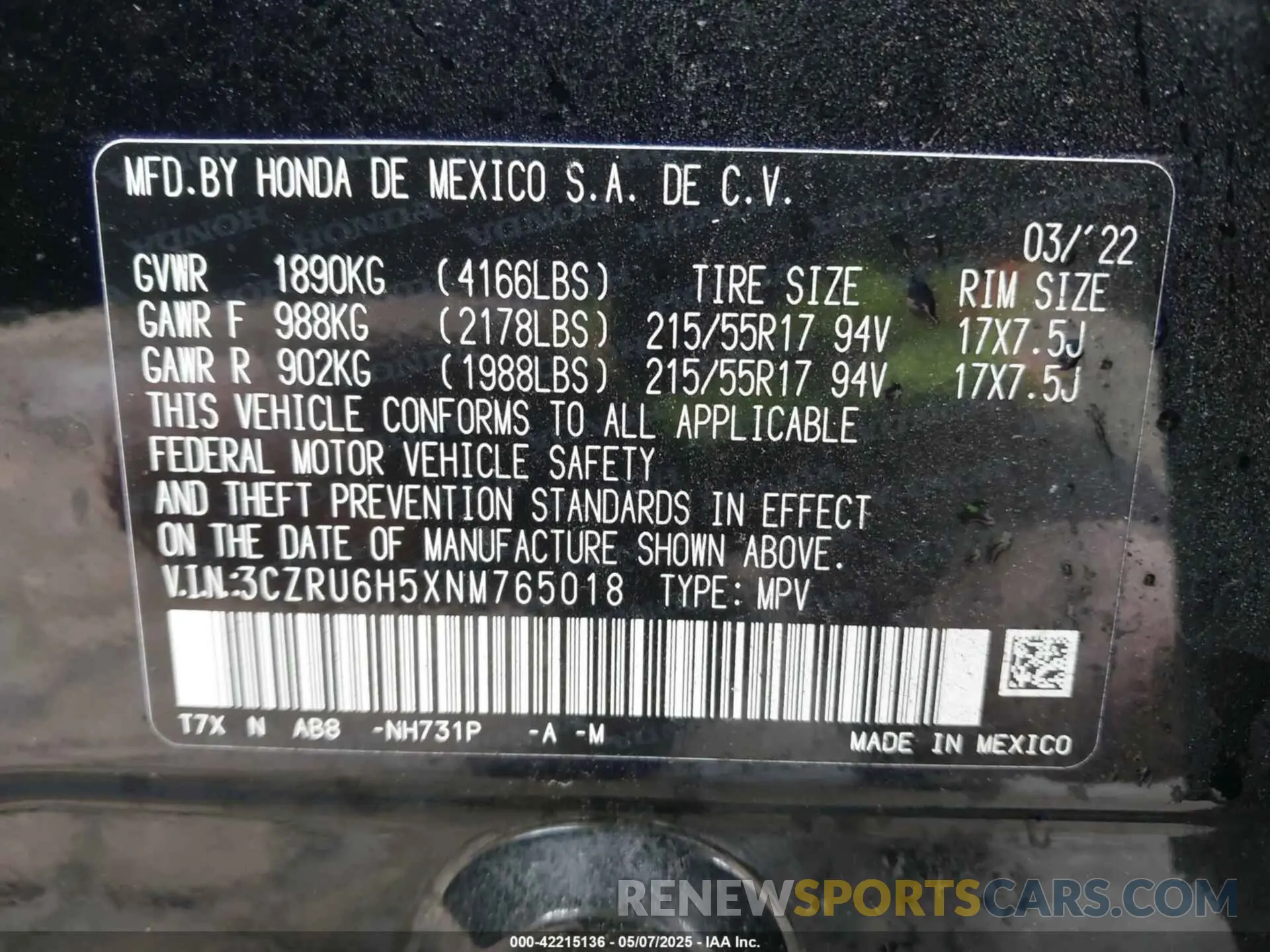 9 Фотография поврежденного автомобиля 3CZRU6H5XNM765018 HONDA HR-V 2022