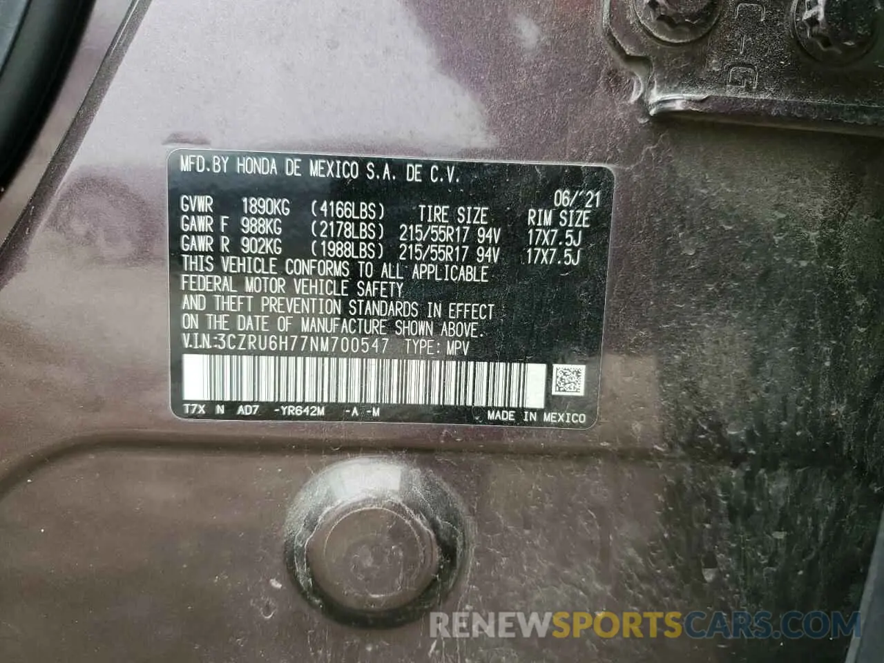 14 Photograph of a damaged car 3CZRU6H77NM700547 HONDA HR-V 2022