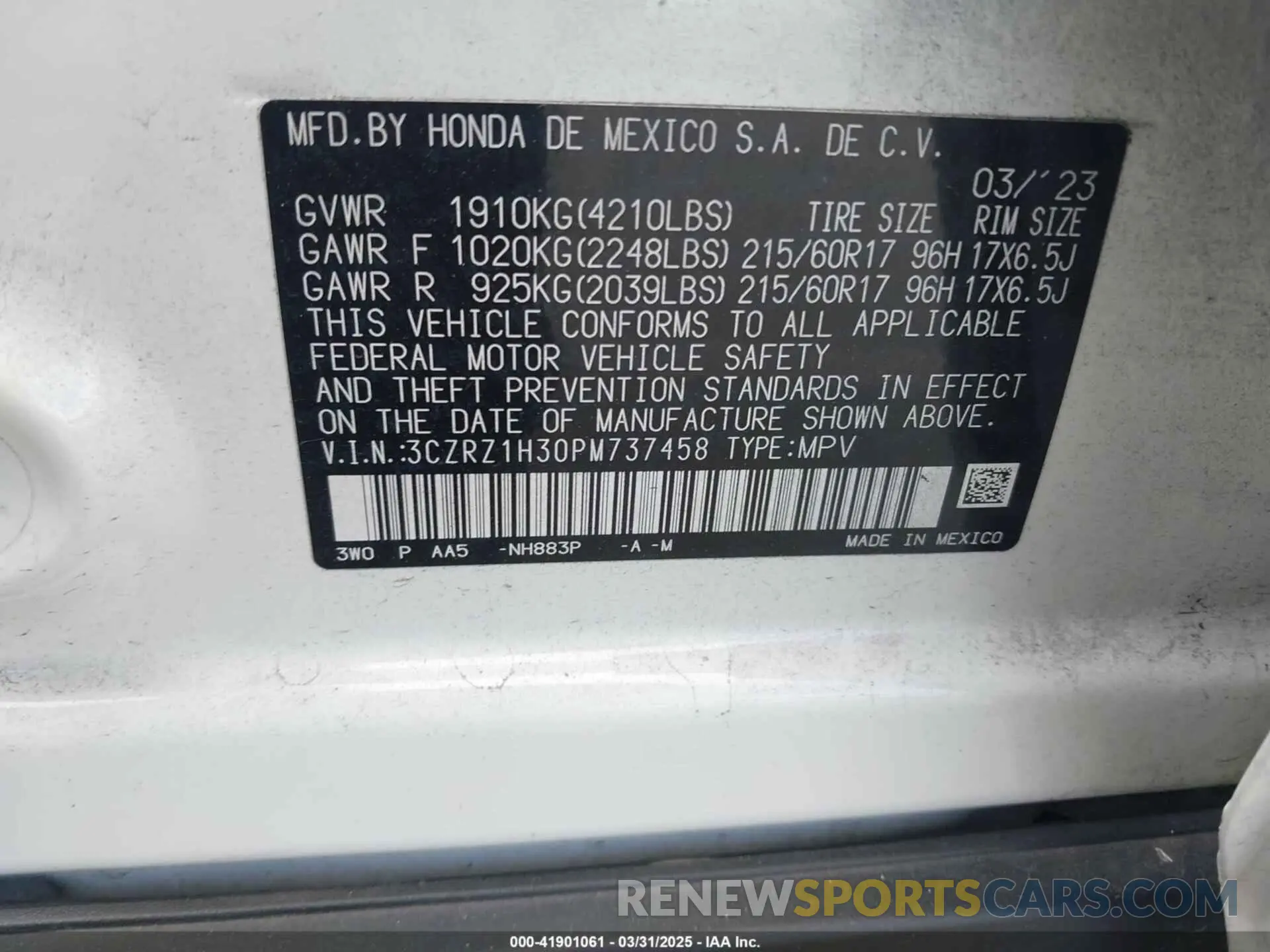 9 Фотография поврежденного автомобиля 3CZRZ1H30PM737458 HONDA HR-V 2023