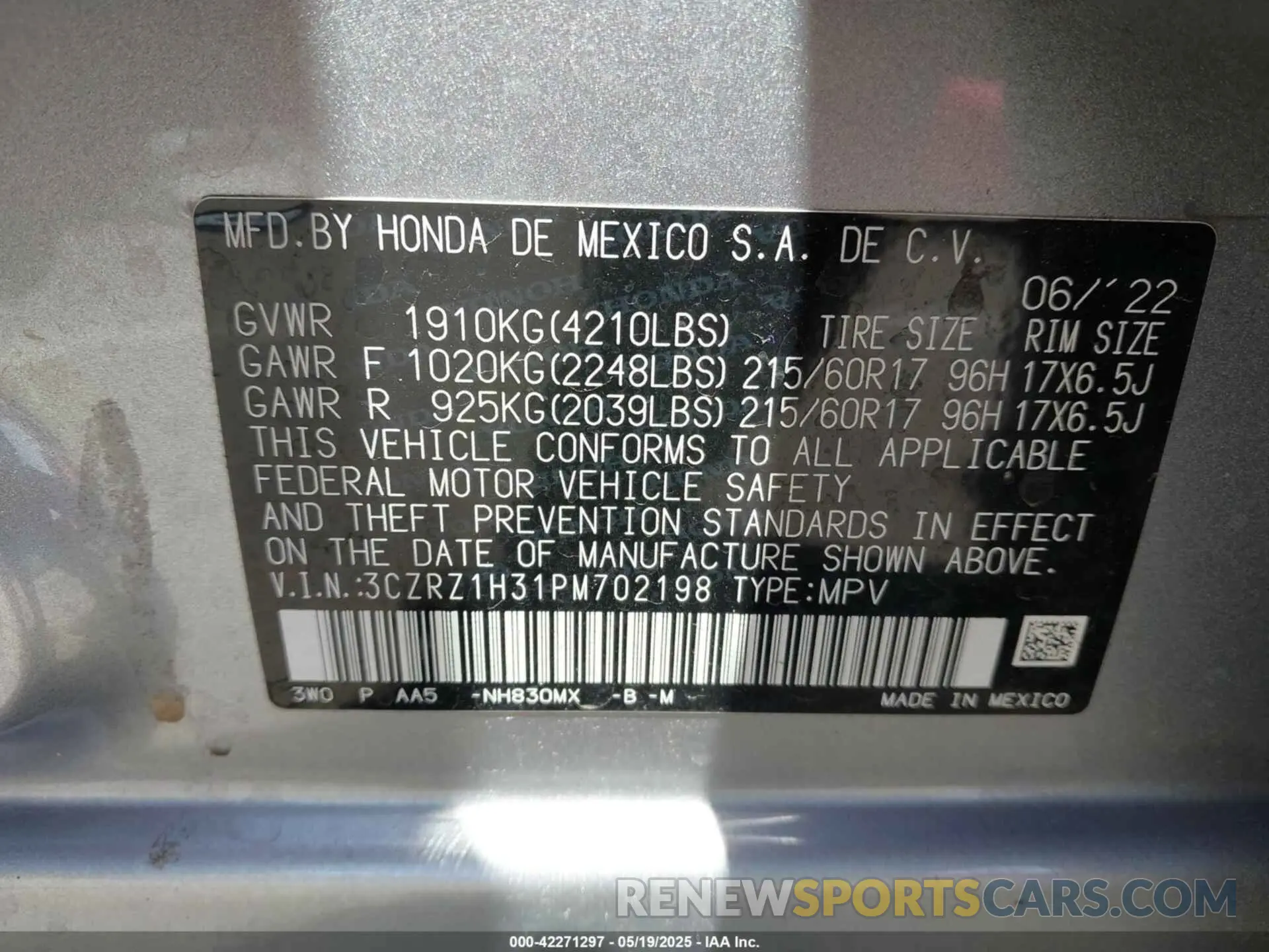 9 Фотография поврежденного автомобиля 3CZRZ1H31PM702198 HONDA HR-V 2023