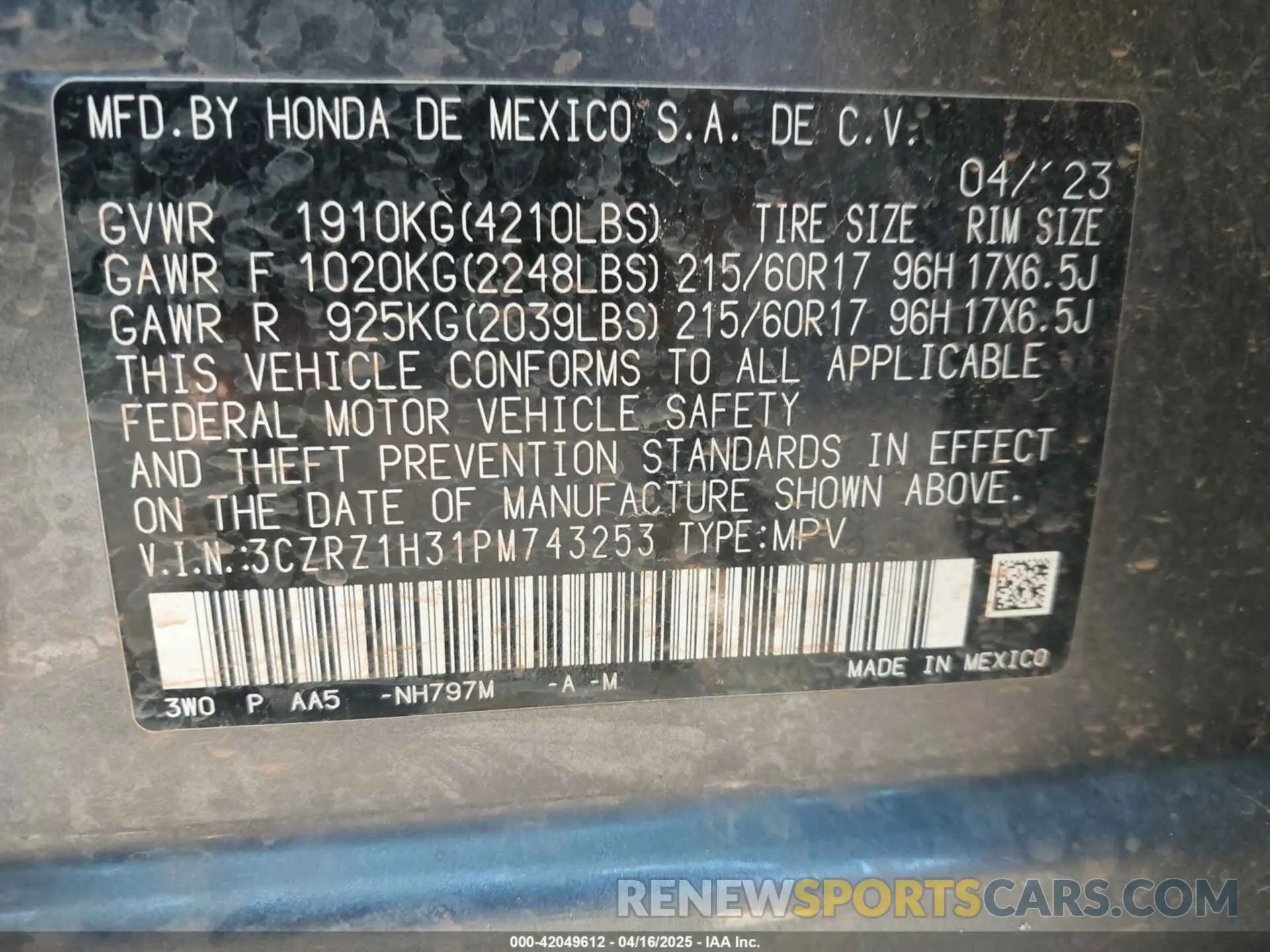 9 Photograph of a damaged car 3CZRZ1H31PM743253 HONDA HR-V 2023