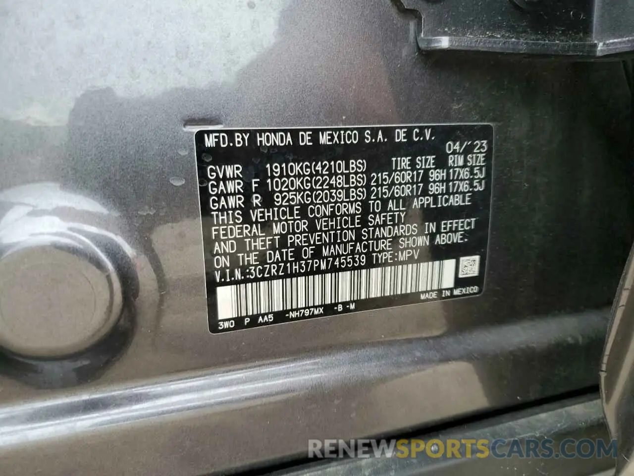13 Фотография поврежденного автомобиля 3CZRZ1H37PM745539 HONDA HR-V 2023