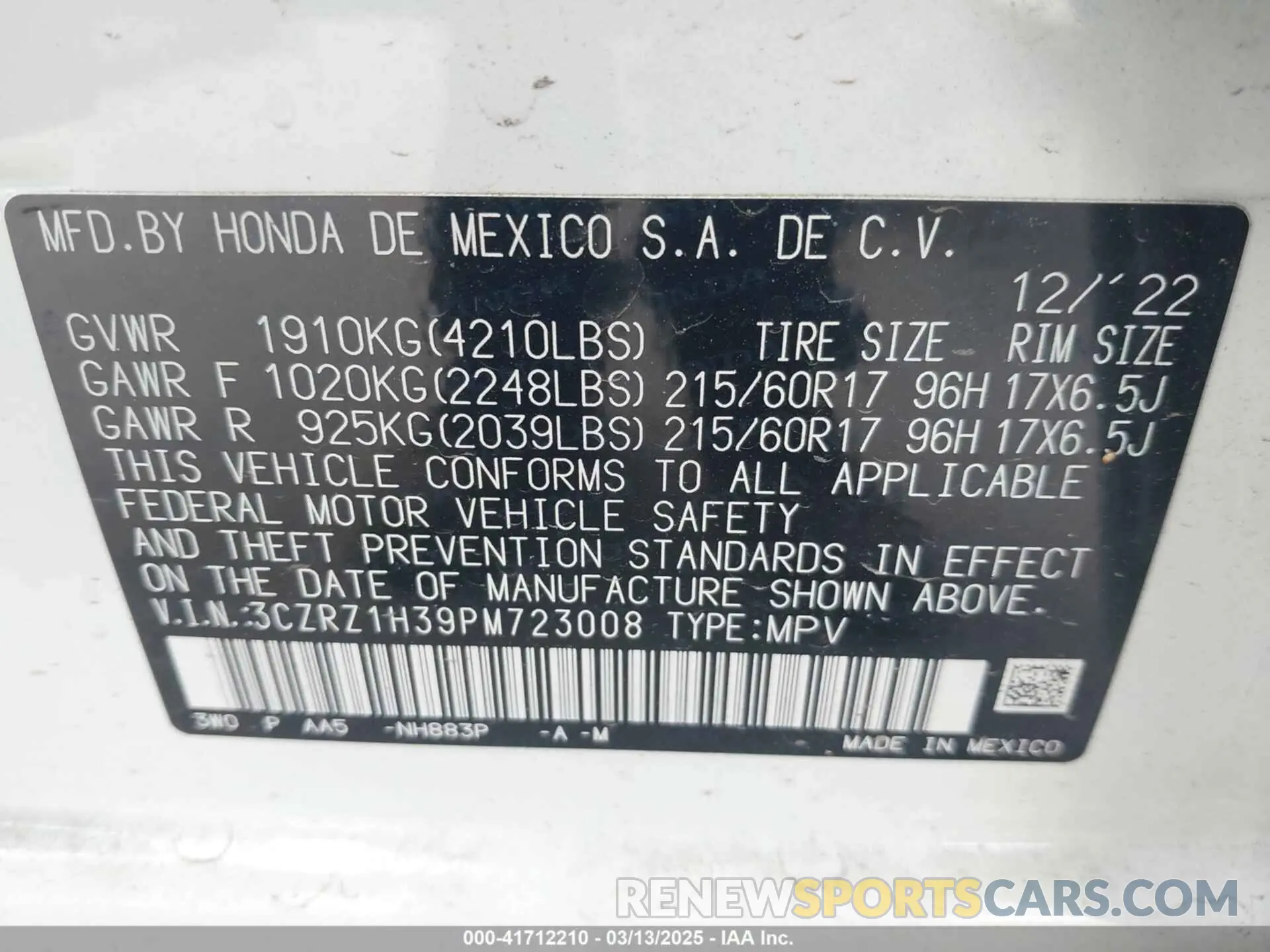 9 Photograph of a damaged car 3CZRZ1H39PM723008 HONDA HR-V 2023