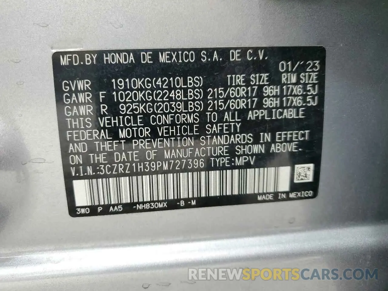 15 Фотография поврежденного автомобиля 3CZRZ1H39PM727396 HONDA HR-V 2023