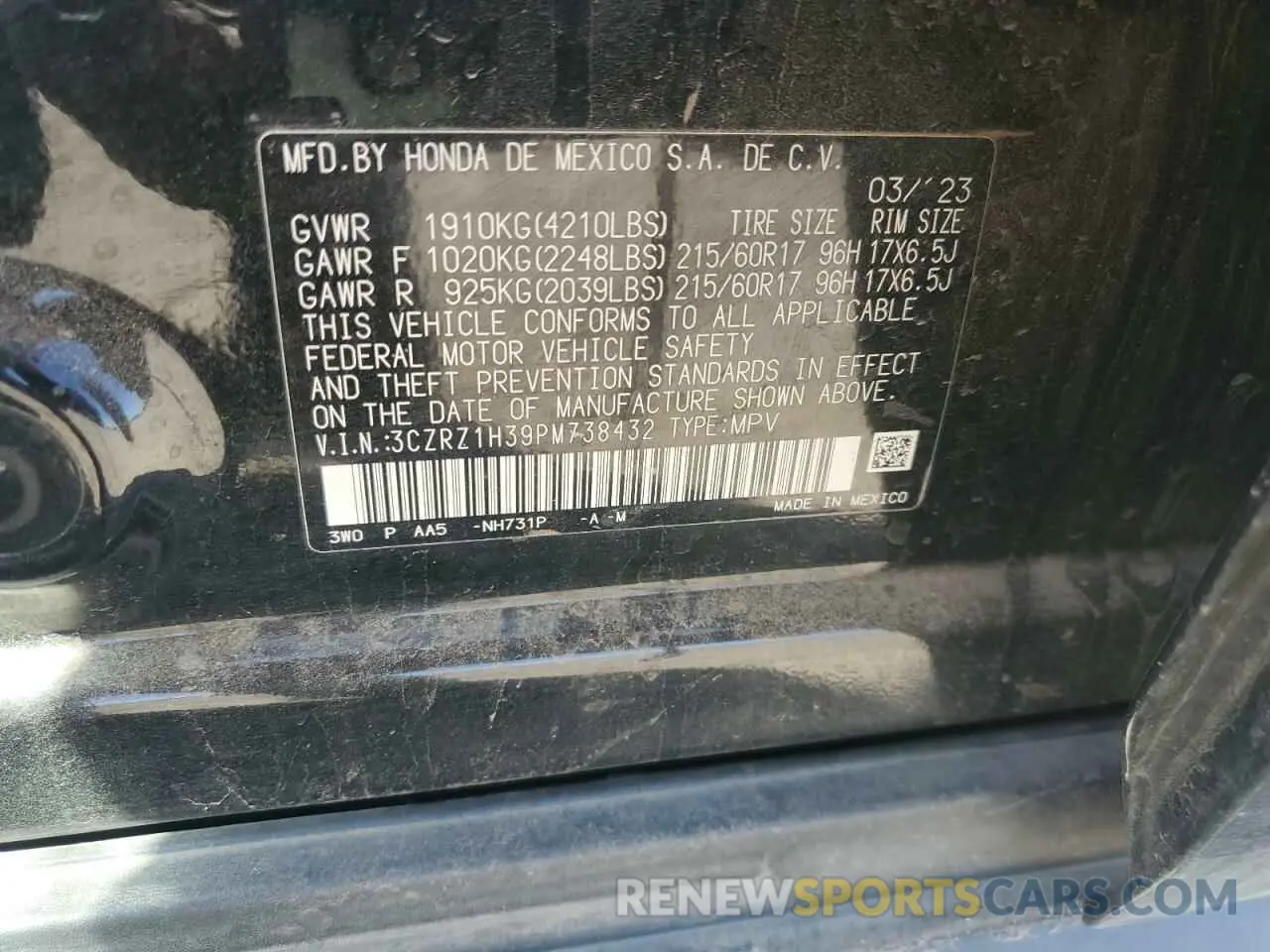 14 Фотография поврежденного автомобиля 3CZRZ1H39PM738432 HONDA HR-V 2023