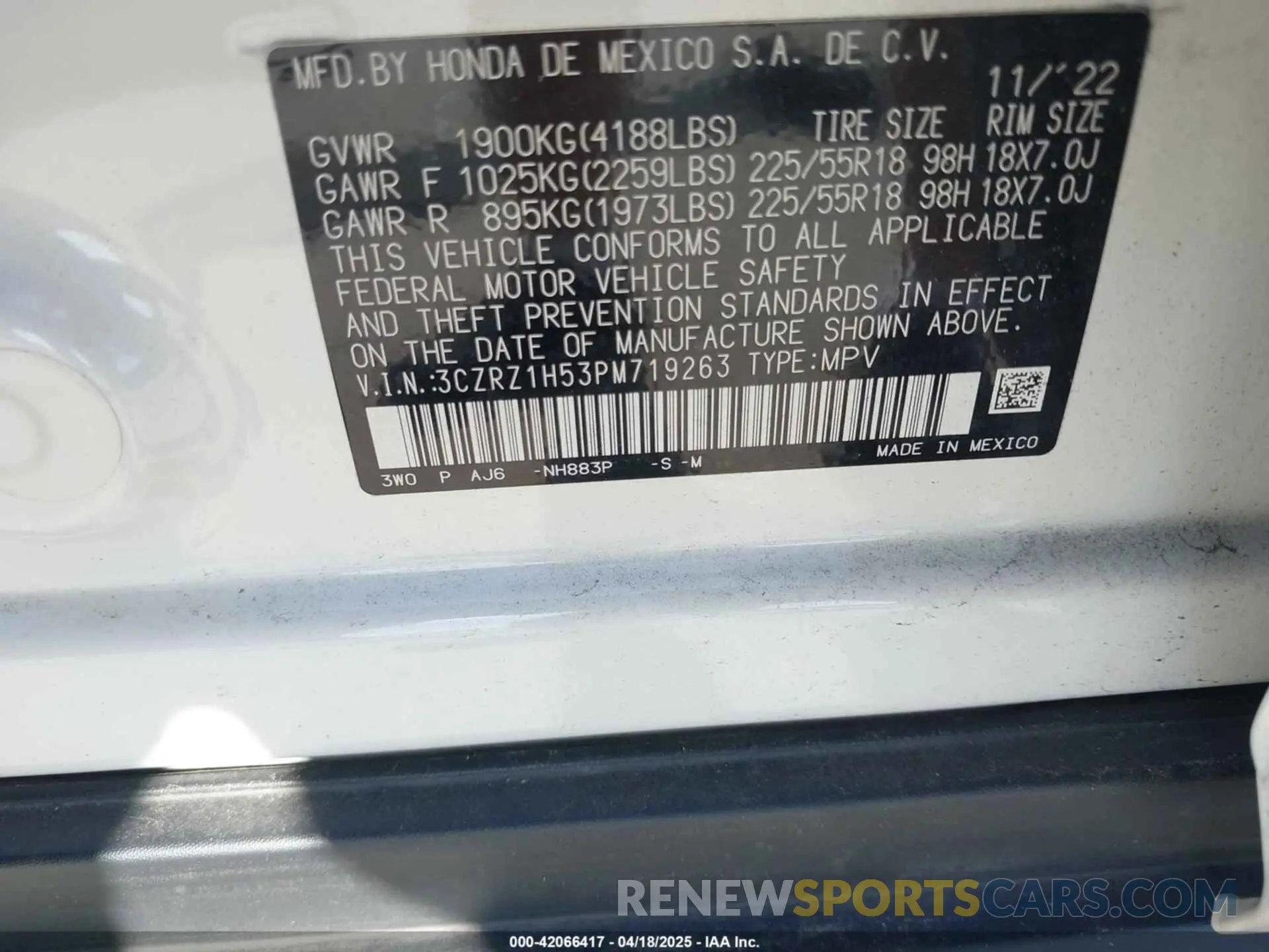 9 Photograph of a damaged car 3CZRZ1H53PM719263 HONDA HR-V 2023
