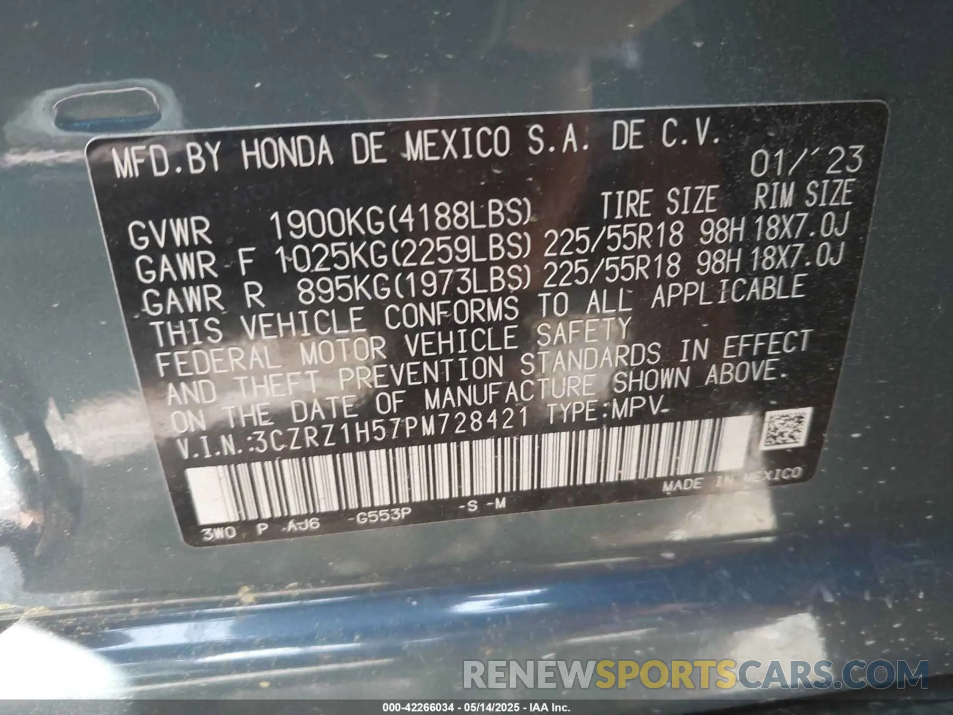 9 Фотография поврежденного автомобиля 3CZRZ1H57PM728421 HONDA HR-V 2023