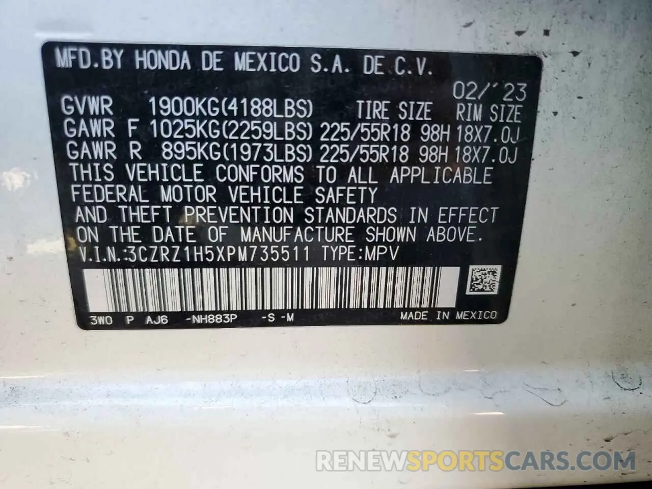 13 Photograph of a damaged car 3CZRZ1H5XPM735511 HONDA HR-V 2023