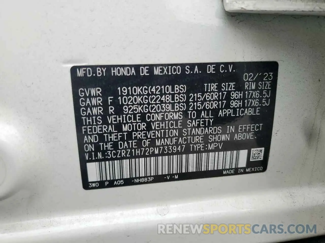14 Photograph of a damaged car 3CZRZ1H72PM733947 HONDA HR-V 2023