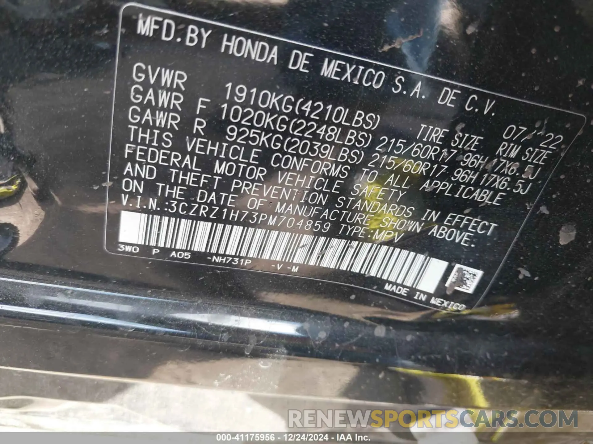 9 Photograph of a damaged car 3CZRZ1H73PM704859 HONDA HR-V 2023