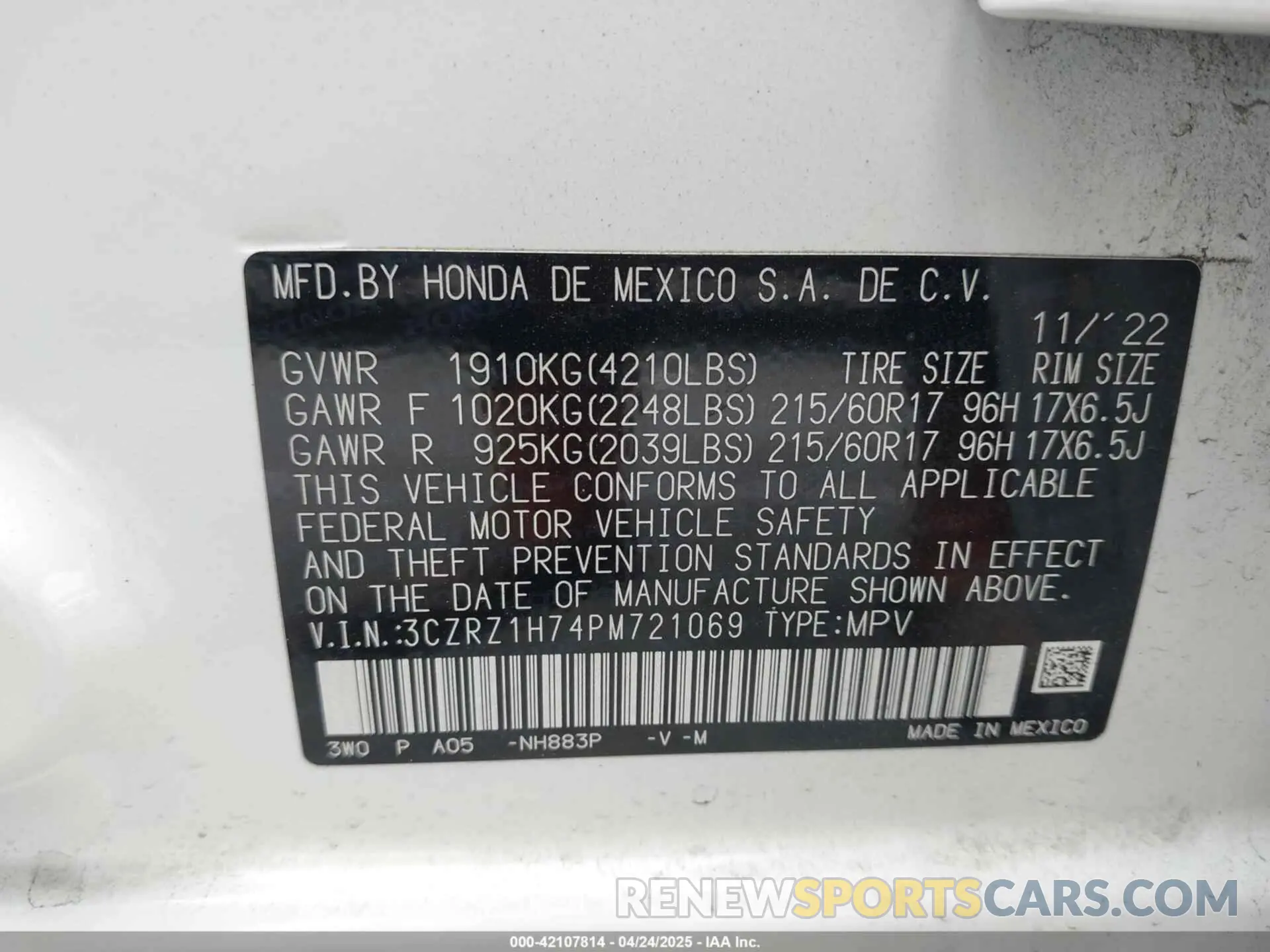 9 Фотография поврежденного автомобиля 3CZRZ1H74PM721069 HONDA HR-V 2023