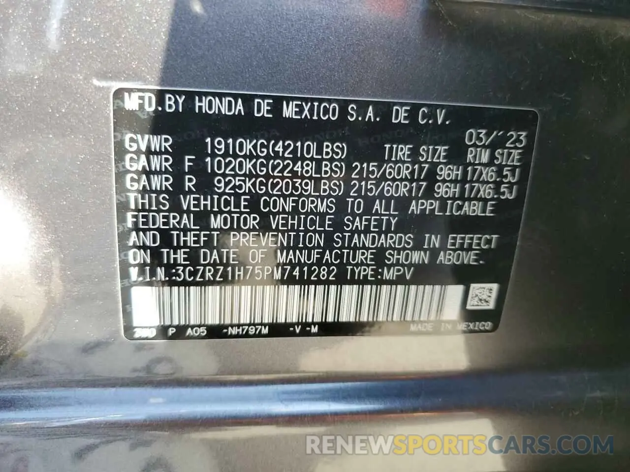 12 Фотография поврежденного автомобиля 3CZRZ1H75PM741282 HONDA HR-V 2023