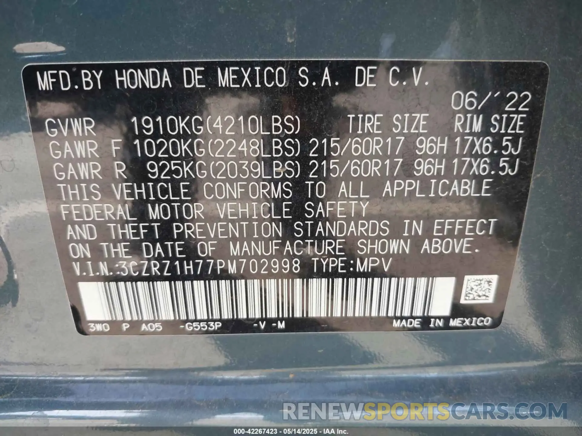 9 Photograph of a damaged car 3CZRZ1H77PM702998 HONDA HR-V 2023