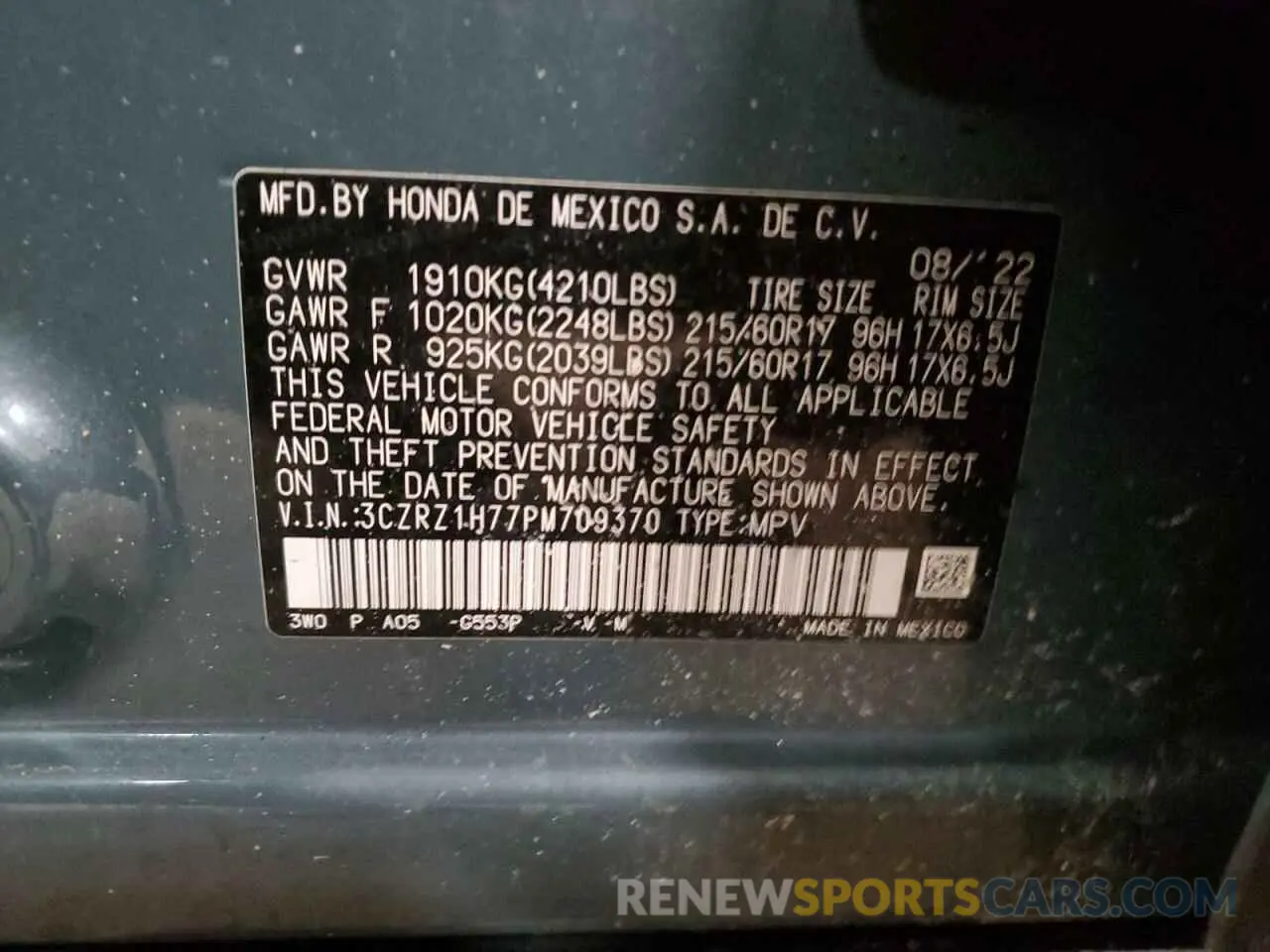 15 Фотография поврежденного автомобиля 3CZRZ1H77PM709370 HONDA HR-V 2023