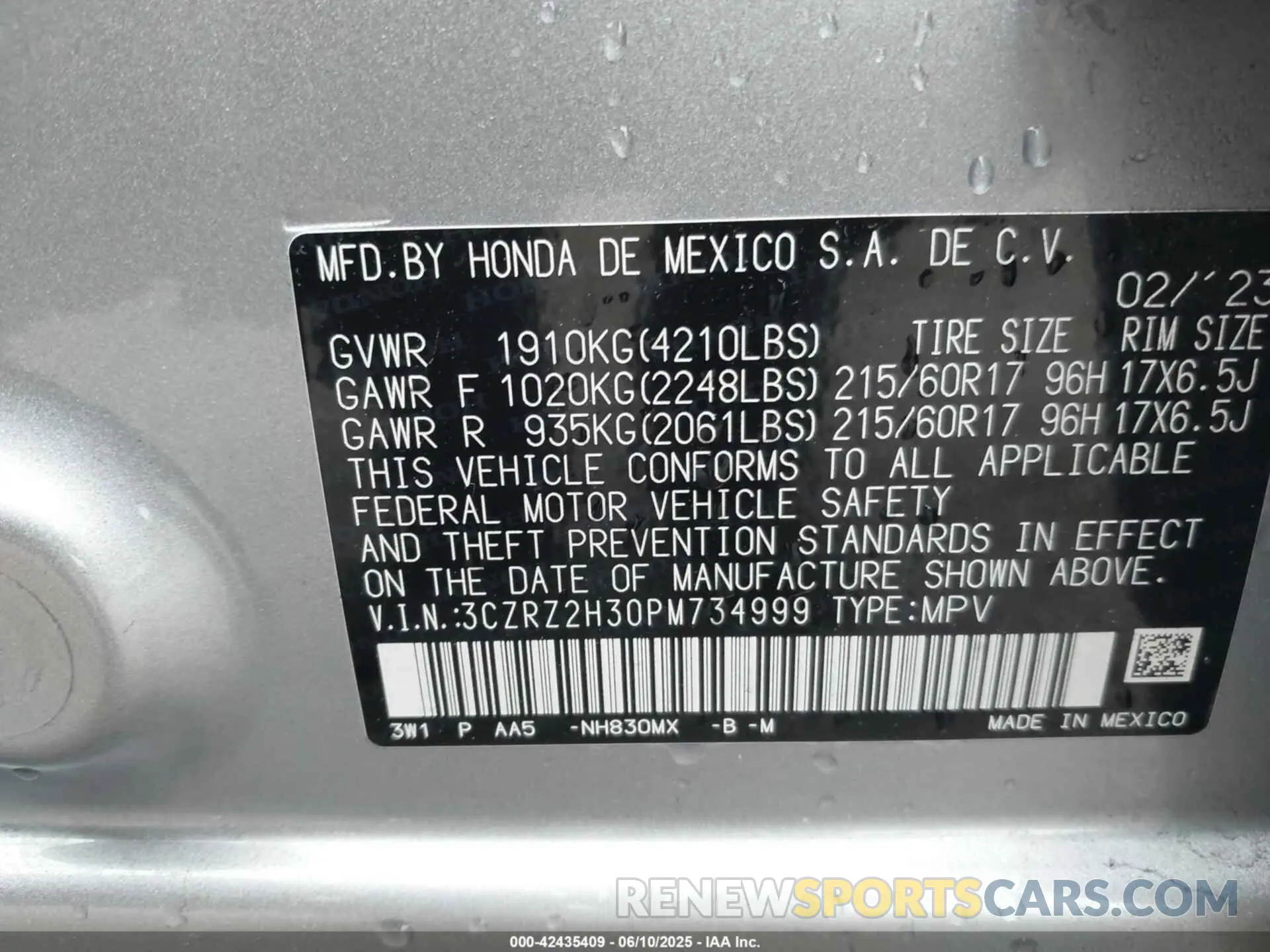 9 Фотография поврежденного автомобиля 3CZRZ2H30PM734999 HONDA HR-V 2023
