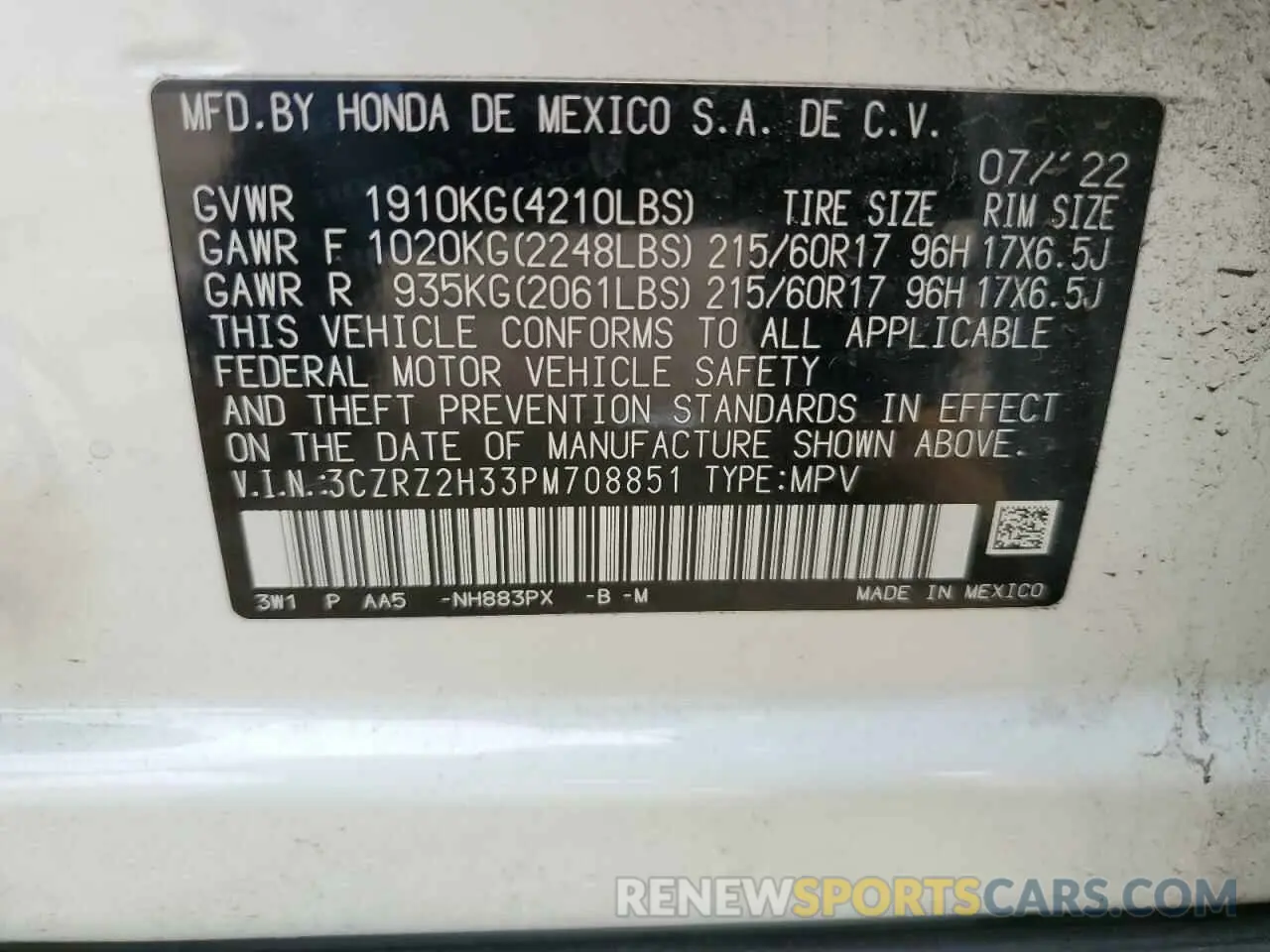 13 Фотография поврежденного автомобиля 3CZRZ2H33PM708851 HONDA HR-V 2023