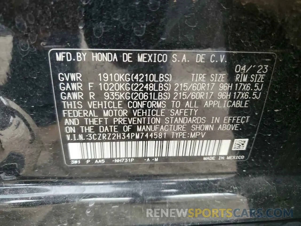 13 Photograph of a damaged car 3CZRZ2H34PM744581 HONDA HR-V 2023