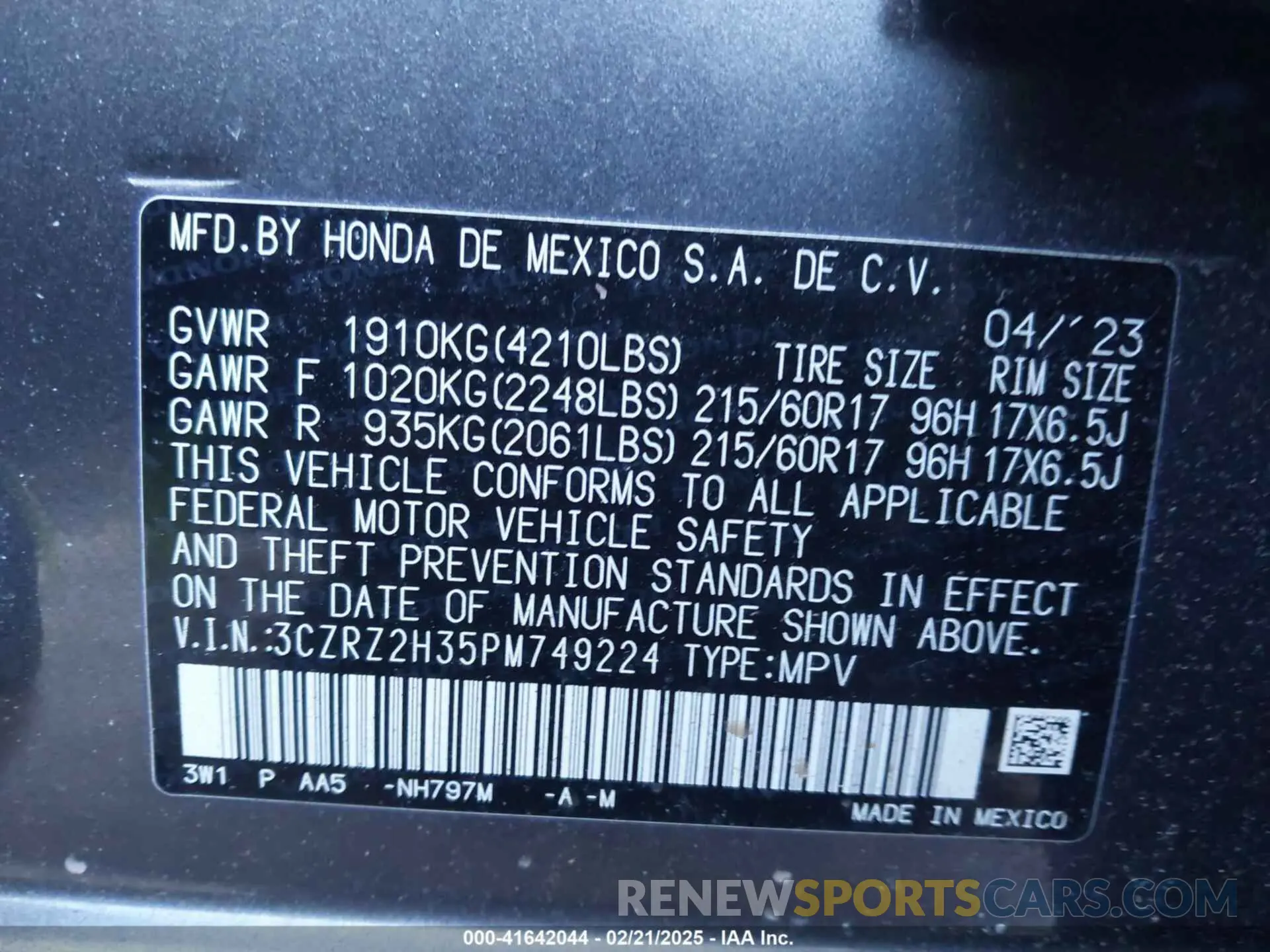 9 Фотография поврежденного автомобиля 3CZRZ2H35PM749224 HONDA HR-V 2023