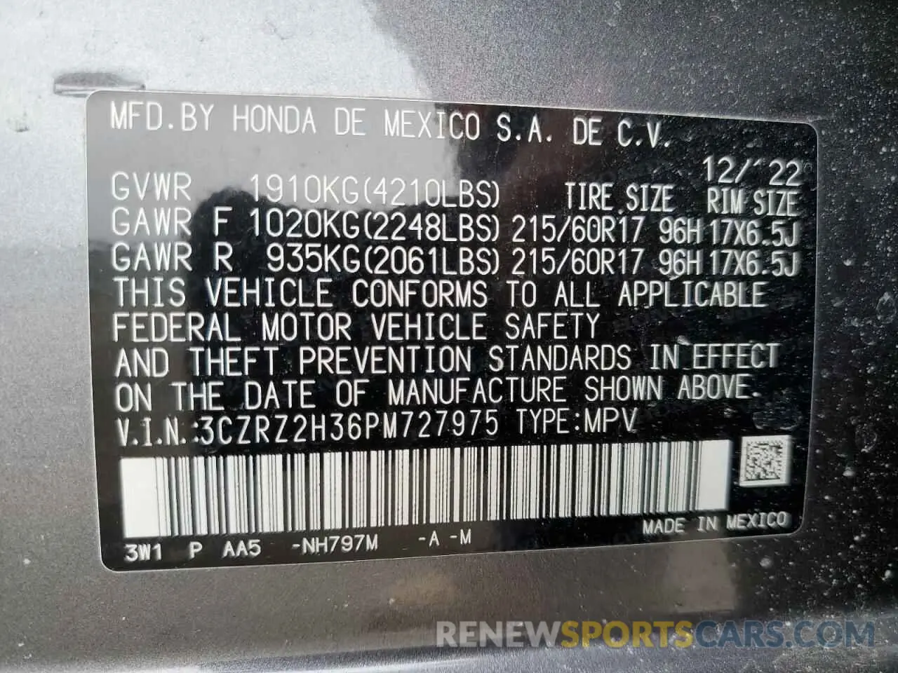 15 Фотография поврежденного автомобиля 3CZRZ2H36PM727975 HONDA HR-V 2023