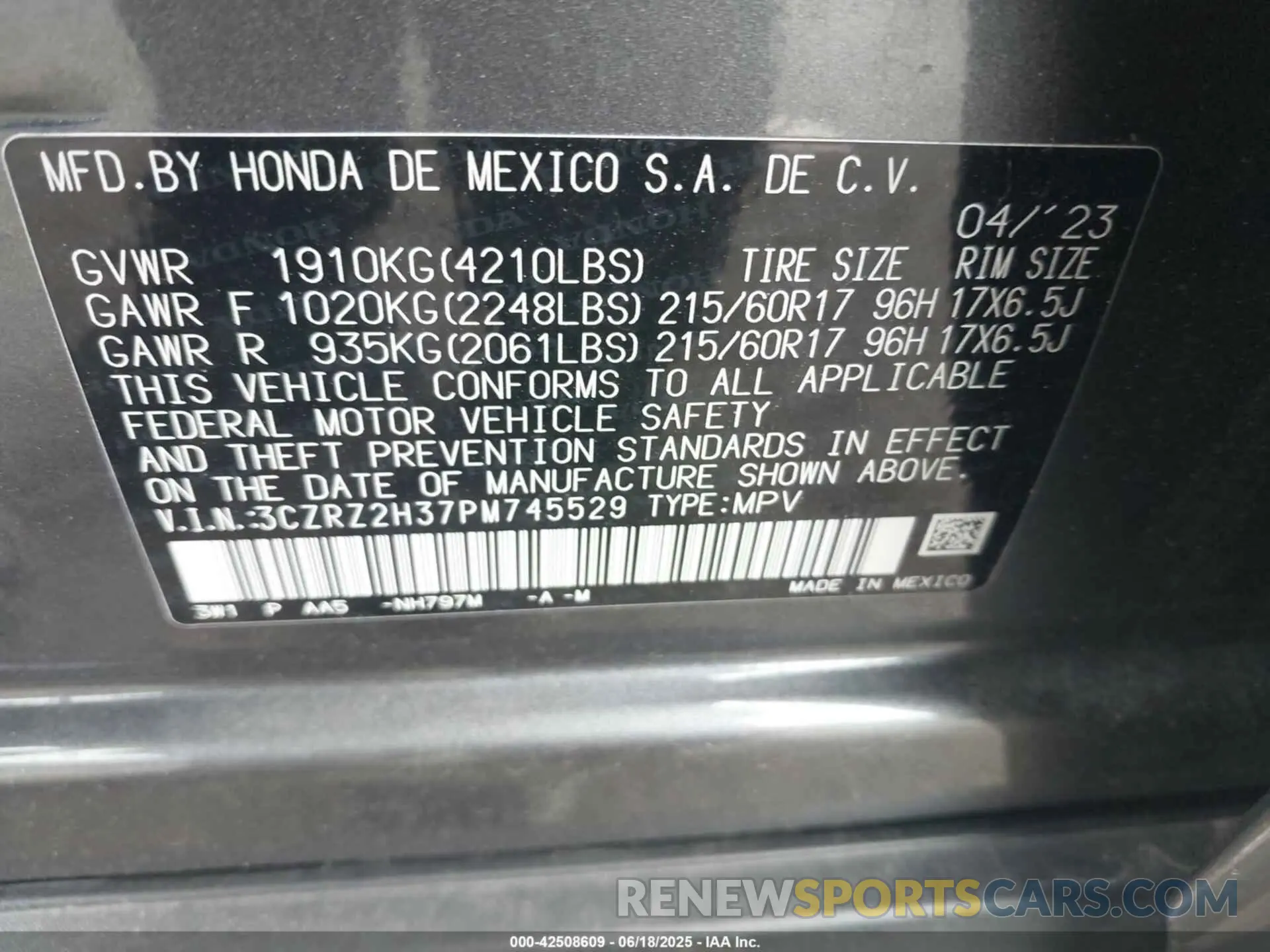 9 Photograph of a damaged car 3CZRZ2H37PM745529 HONDA HR-V 2023