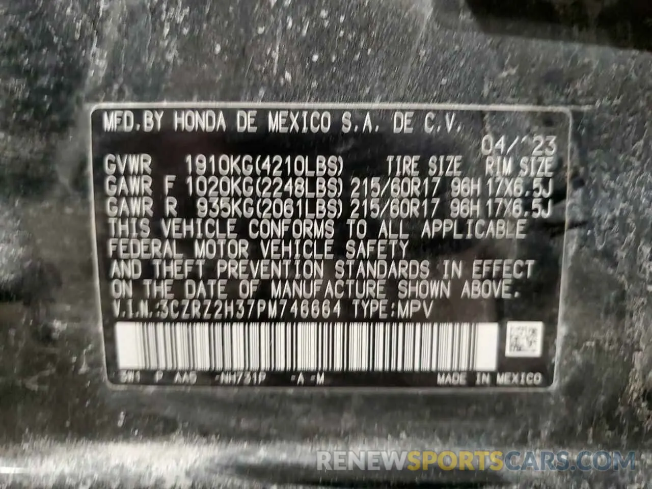 13 Фотография поврежденного автомобиля 3CZRZ2H37PM746664 HONDA HR-V 2023
