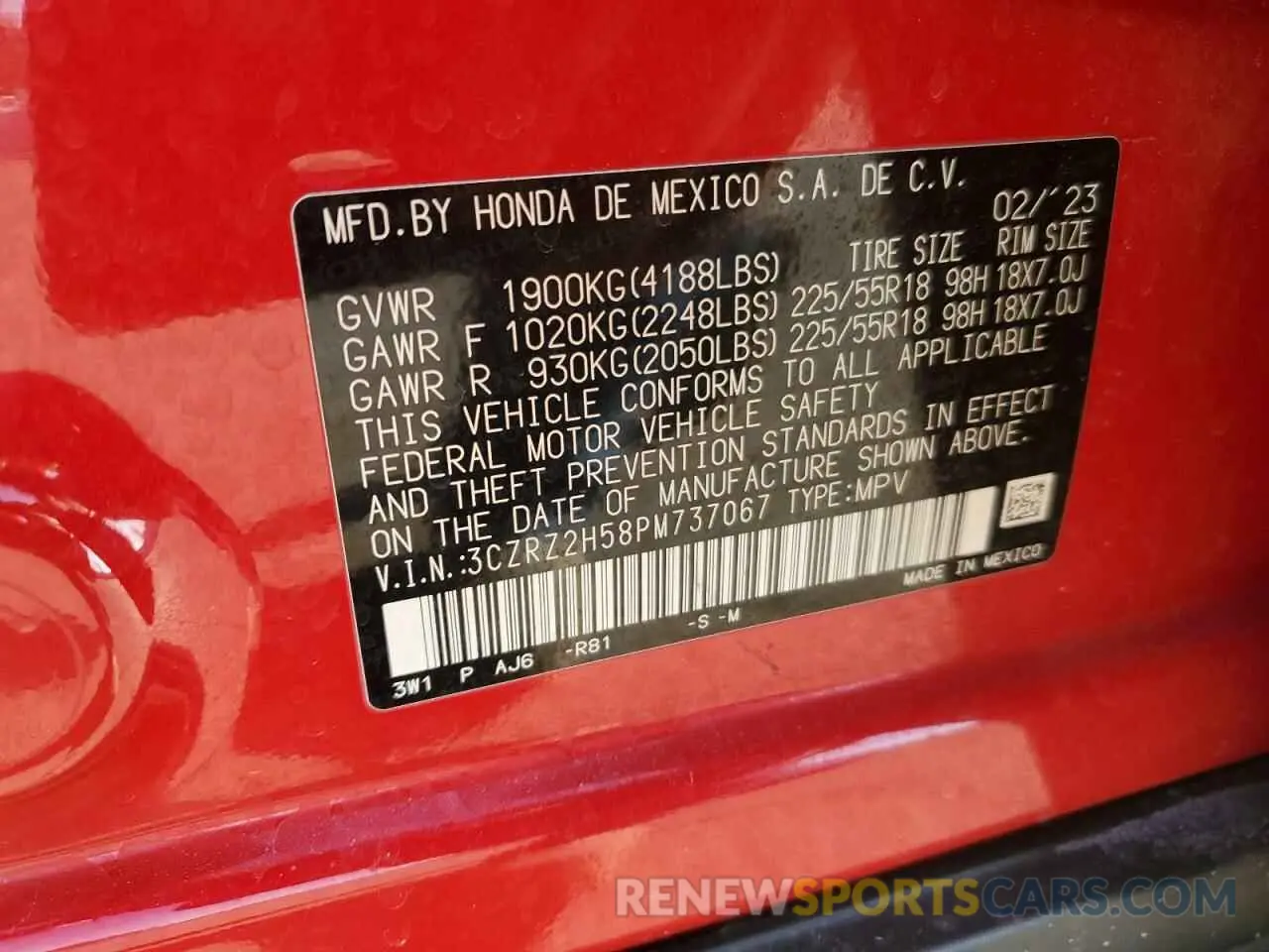 13 Фотография поврежденного автомобиля 3CZRZ2H58PM737067 HONDA HR-V 2023