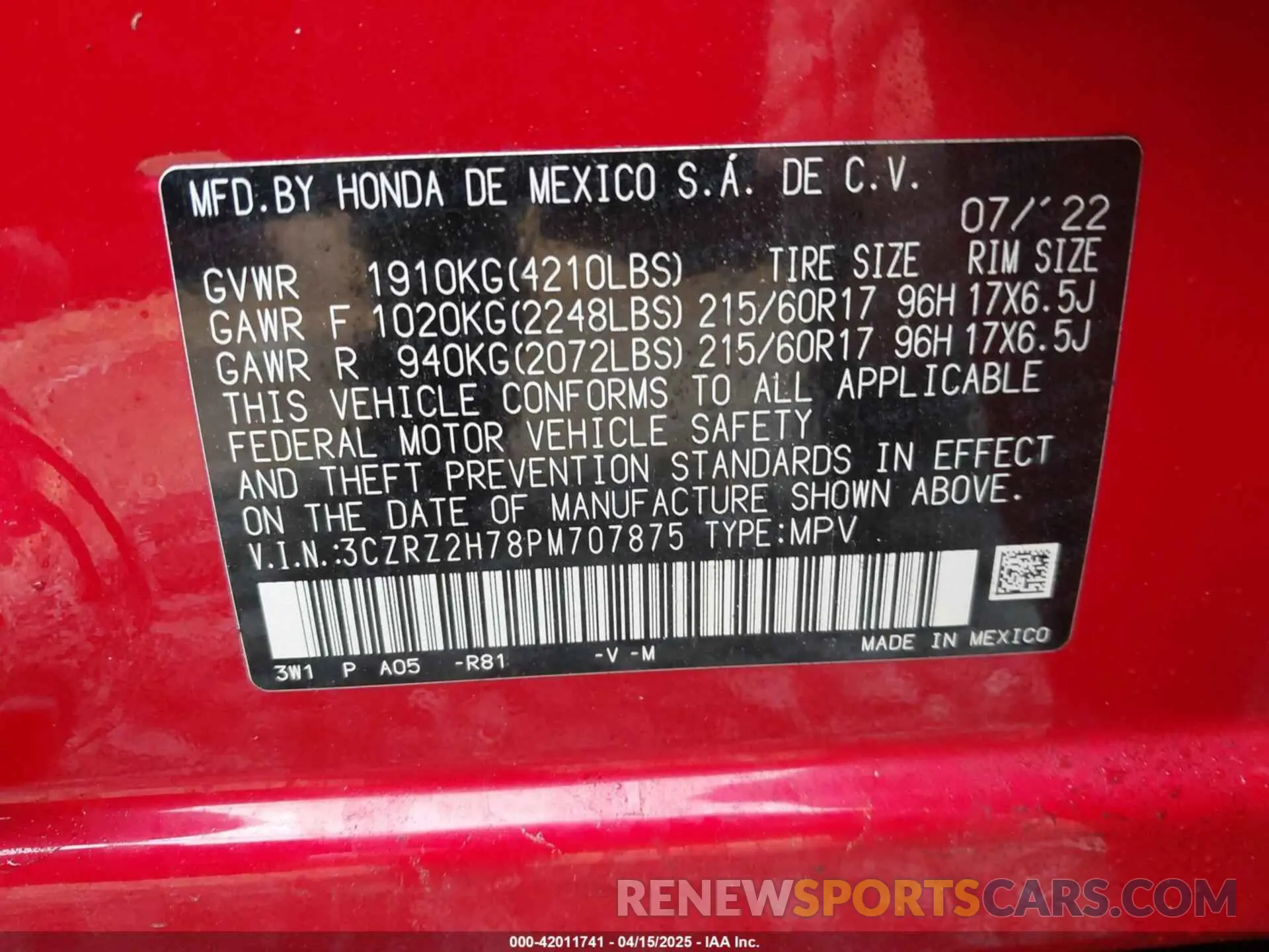 9 Фотография поврежденного автомобиля 3CZRZ2H78PM707875 HONDA HR-V 2023